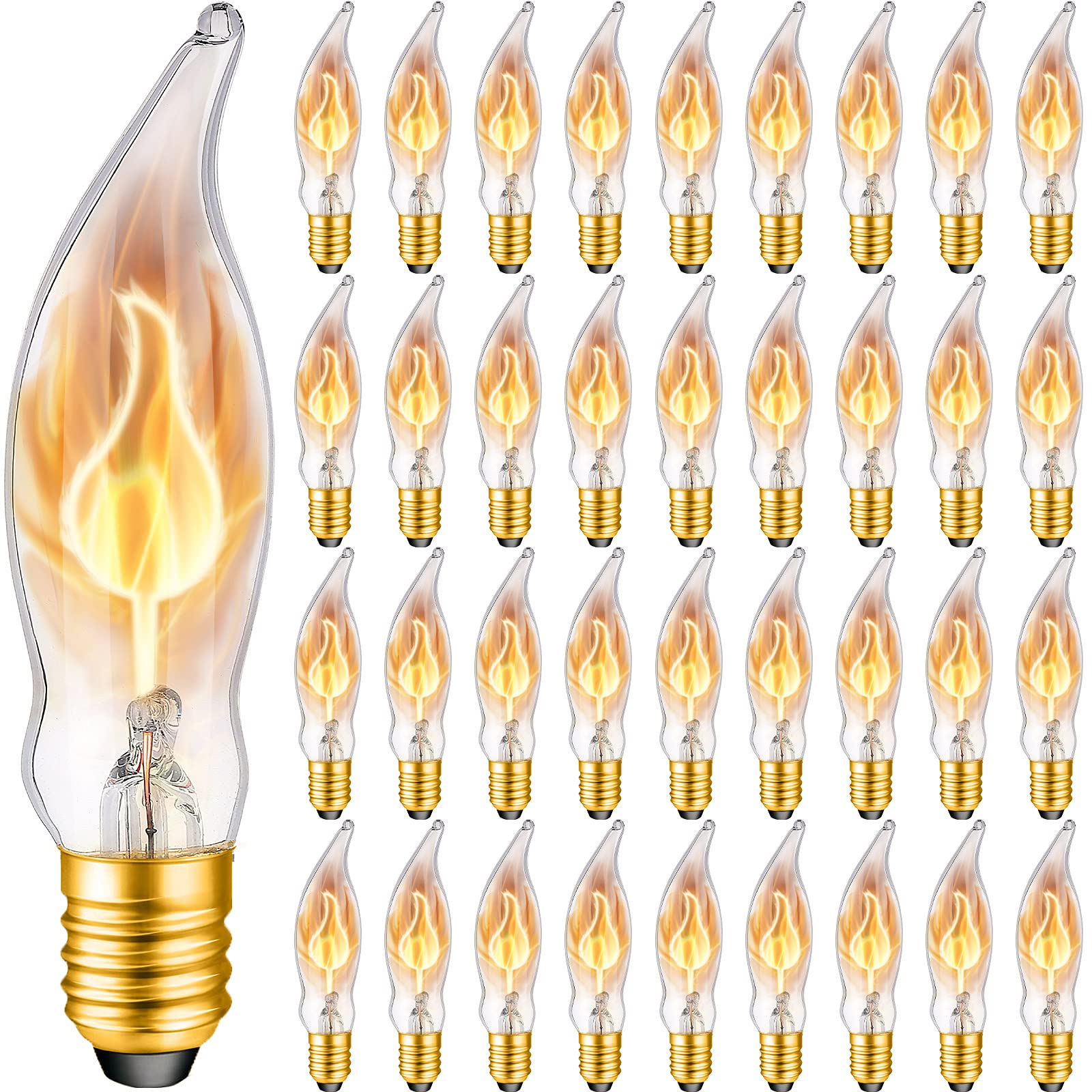 Flicker Flame Light Bulb 3 Watt 120 Volt Flame Tip Halloween Chandelier Flickering Light Bulbs Christmas Replacement Orange Glow Bulbs Crystal Clear Candle Bulb for E12 Candelabra Base (36 Pieces)