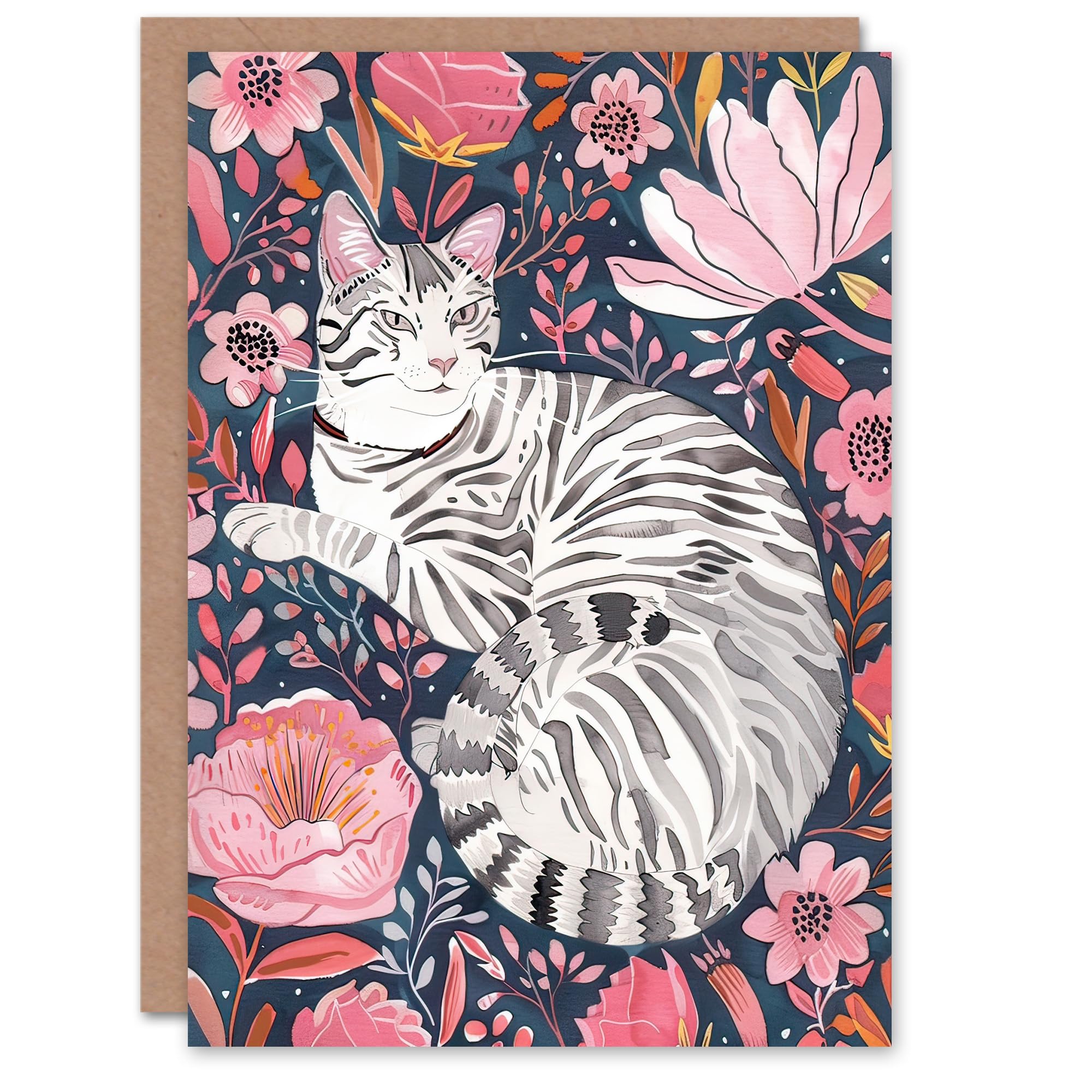 Artery8 Greeting Card Striped Cat Laying in Pink Wildflowers Watercolour For Her Woman Birthday Card