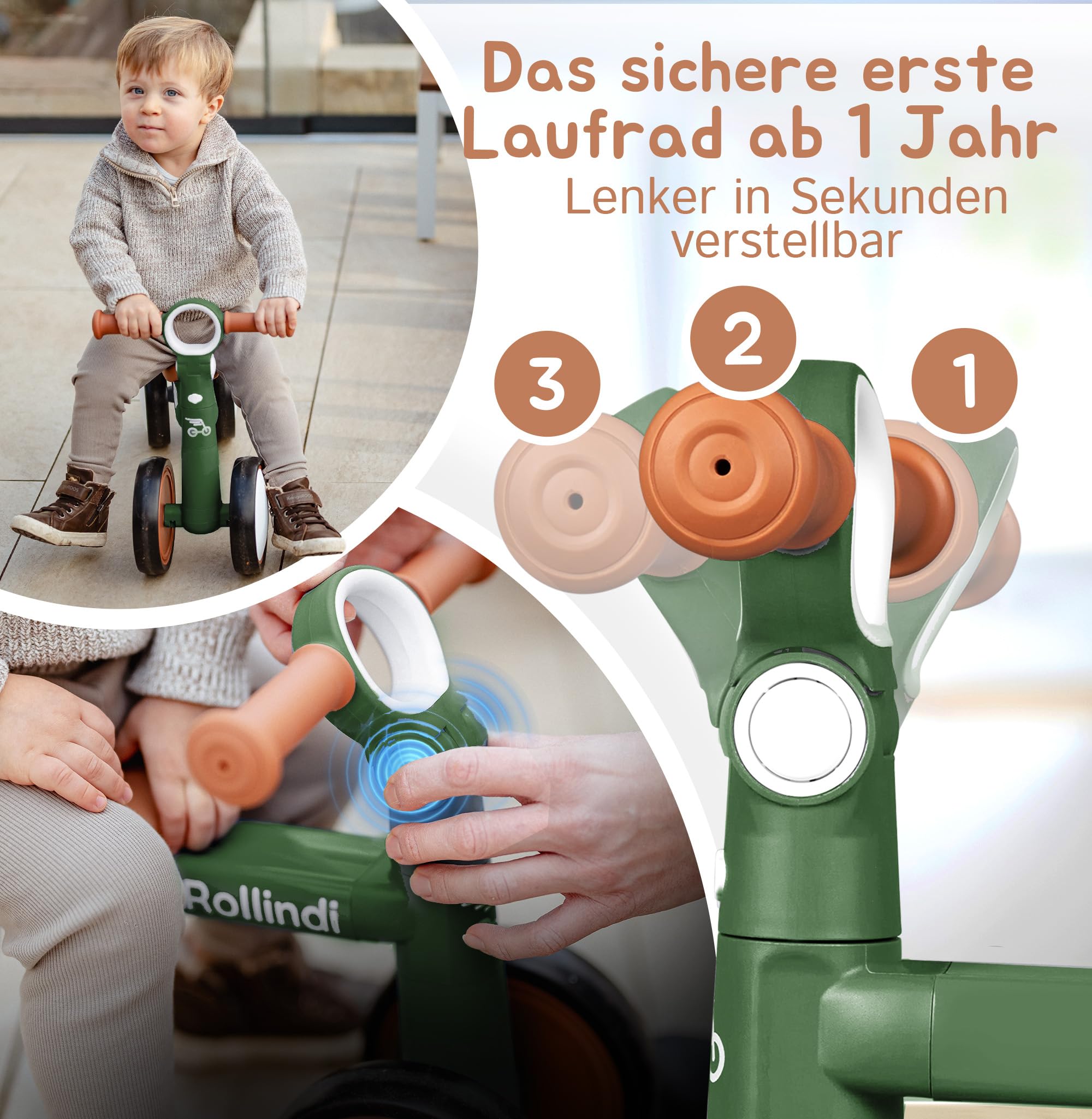 Walk – Sicheres erstes Laufrad ab 1 Jahr, Ultraleicht & kippsicher, leise Räder für drinnen & draußen, mitwachsendes Lauflernrad Baby 12–36 Monate, Geschenk zum 1. Geburtstag, Grün