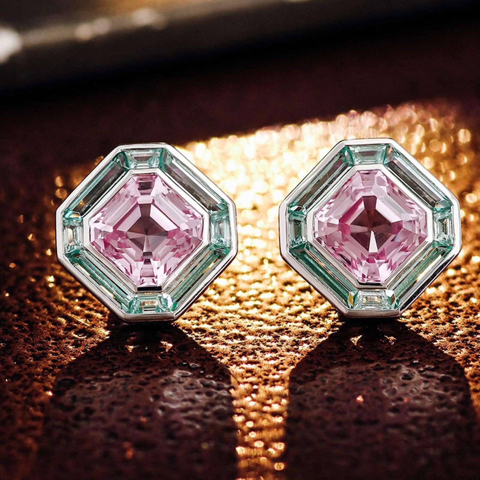 Pendientes Mujer con Zafiro Rosa y Verde Laboratorio, Oro Blanco 9K/14K/18K, Joyería Pendientes de Botón con Piedra