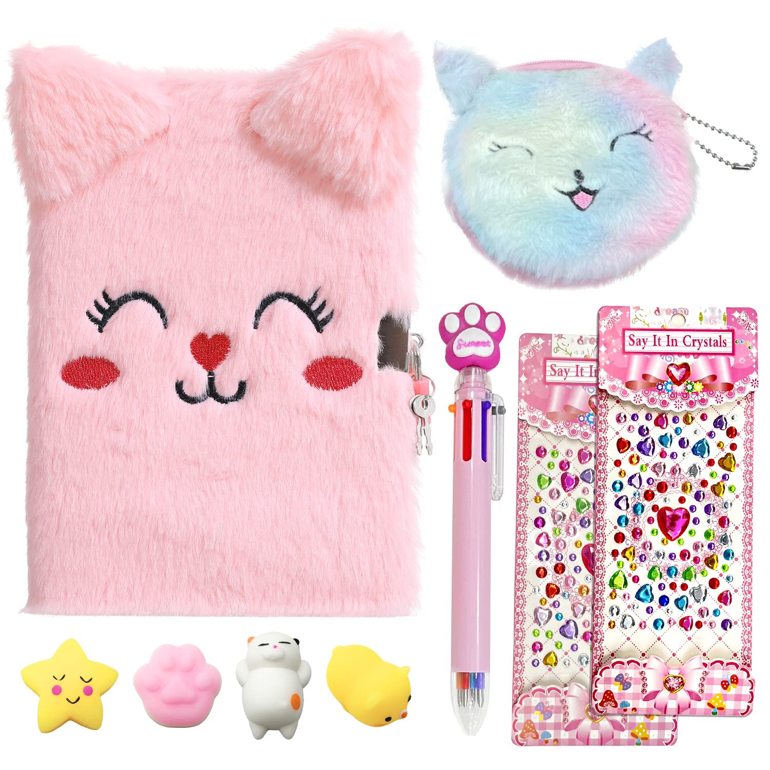 JUYRLE Cat Diary with Lock and Keys for Girls- Kids Journal School Travel Notebook Gift Set with Toys, Multicolored Pen, Stickers, Coin Purse Secret Diary for Writing and Drawing