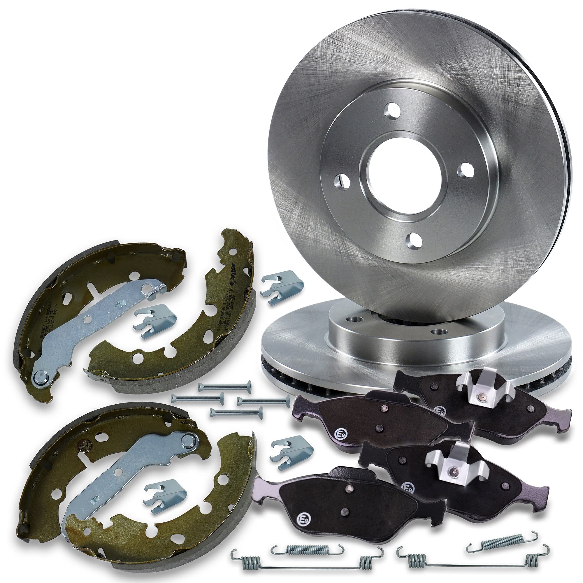 BESTPRICE Set freni incl. dischi freno anteriori Ø 258 mm + pastiglie freno anteriori ventilate e ganasce freno posteriori + cilindretti freno ruota