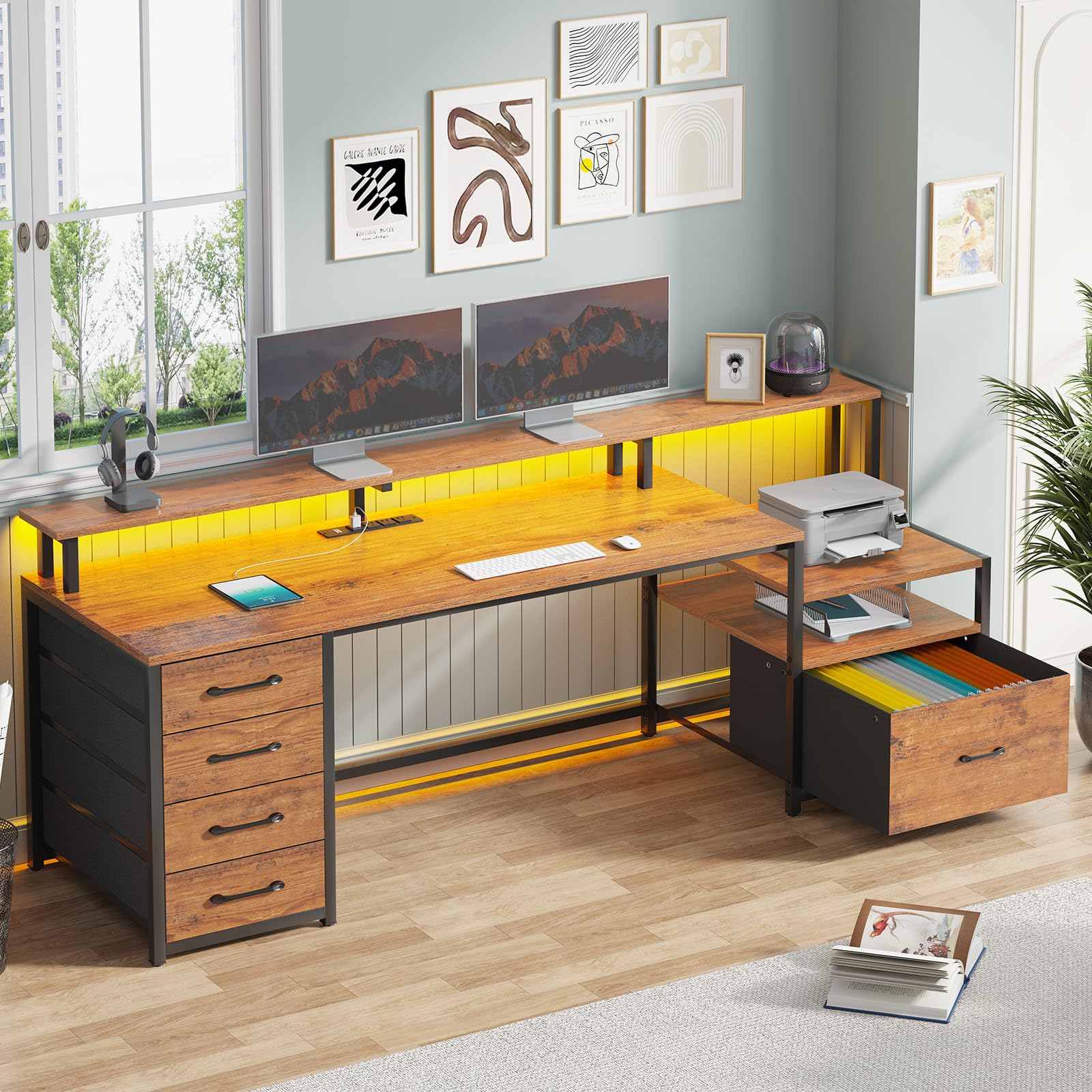 Home Office Desk with File Drawer & Power Outlet, 66'' Computer Desk with 5 Drawer, Storage Shelves, Printer Cabinet and Monitor Shelf, Gaming Desk with Led Lights, Rustic Brown