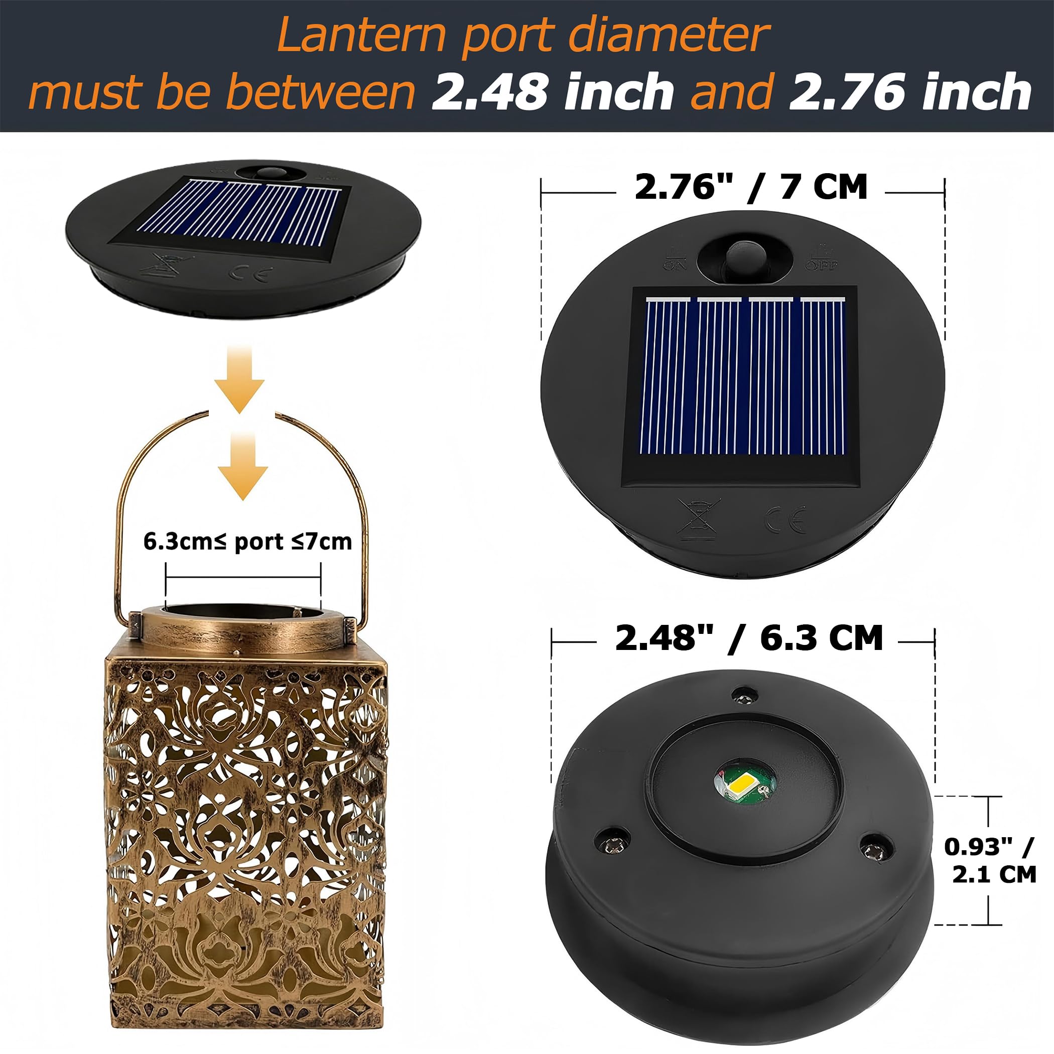 Repuesto Luz Solar LED 7cm para Farolillo Exterior, Luz Cálida, 1.2V 600mAh, IP44 Lámpara Solar para Linterna de Jardín Exterior, Parte Superior de Repuesto Luces Solares, 4 piezas