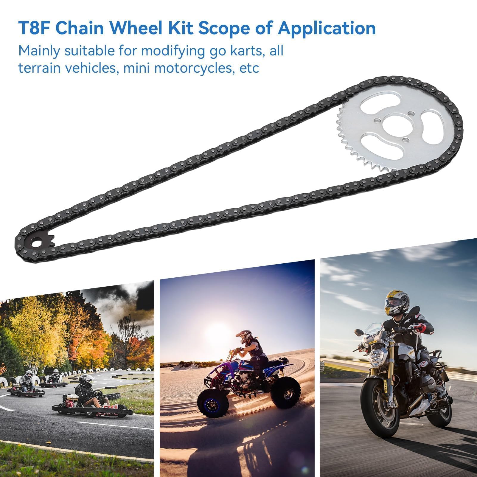 T8F Catena con pignone anteriore e posteriore, Set di pignoni per catena motore in acciaio Catena con pignone di trasmissione ad alta potenza per mini motociclette e kart ATC modificati