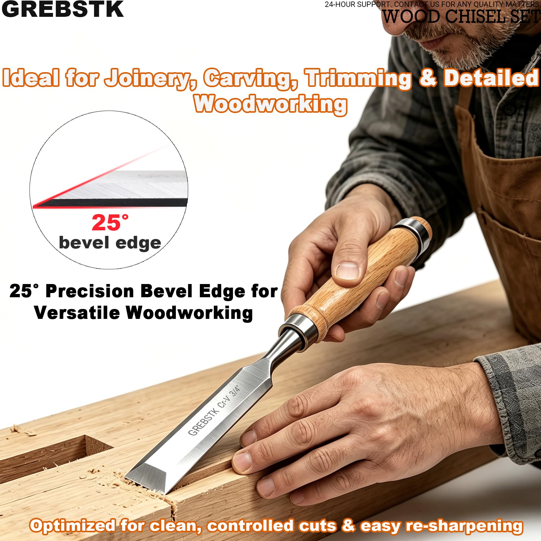 Professionelles Holzmeißel-Werkzeug-Set aus robustem Chrom-Vanadium-Stahl, 4 Stück, 1/4 Zoll, 1/2 Zoll, 3/4 Zoll, 2,5 cm (Oxford-Tasche)