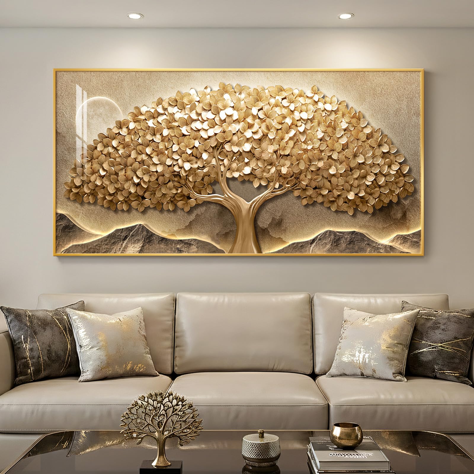 large framed gold tree of life wall art for living room, modern contemporary golden tree painting prints artwork for walls, luxury elegant picture for bedroom kitchen hallway office wall decor, 30x60