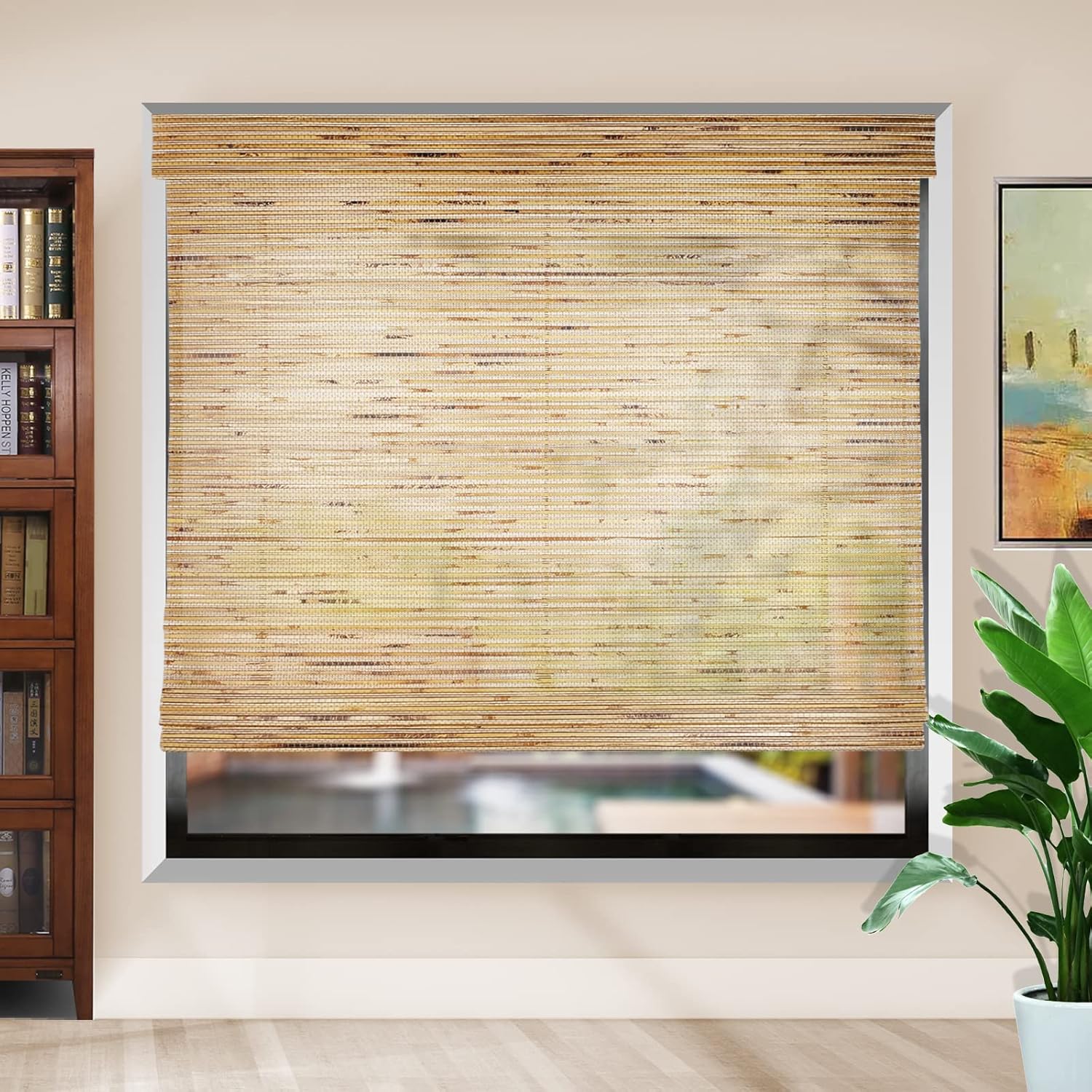 Bamboo Blinds Cordless Roman Shades, Blackout Window Shade Custom Natural 100% Linen Bamboo Shades for Windows, Color 1