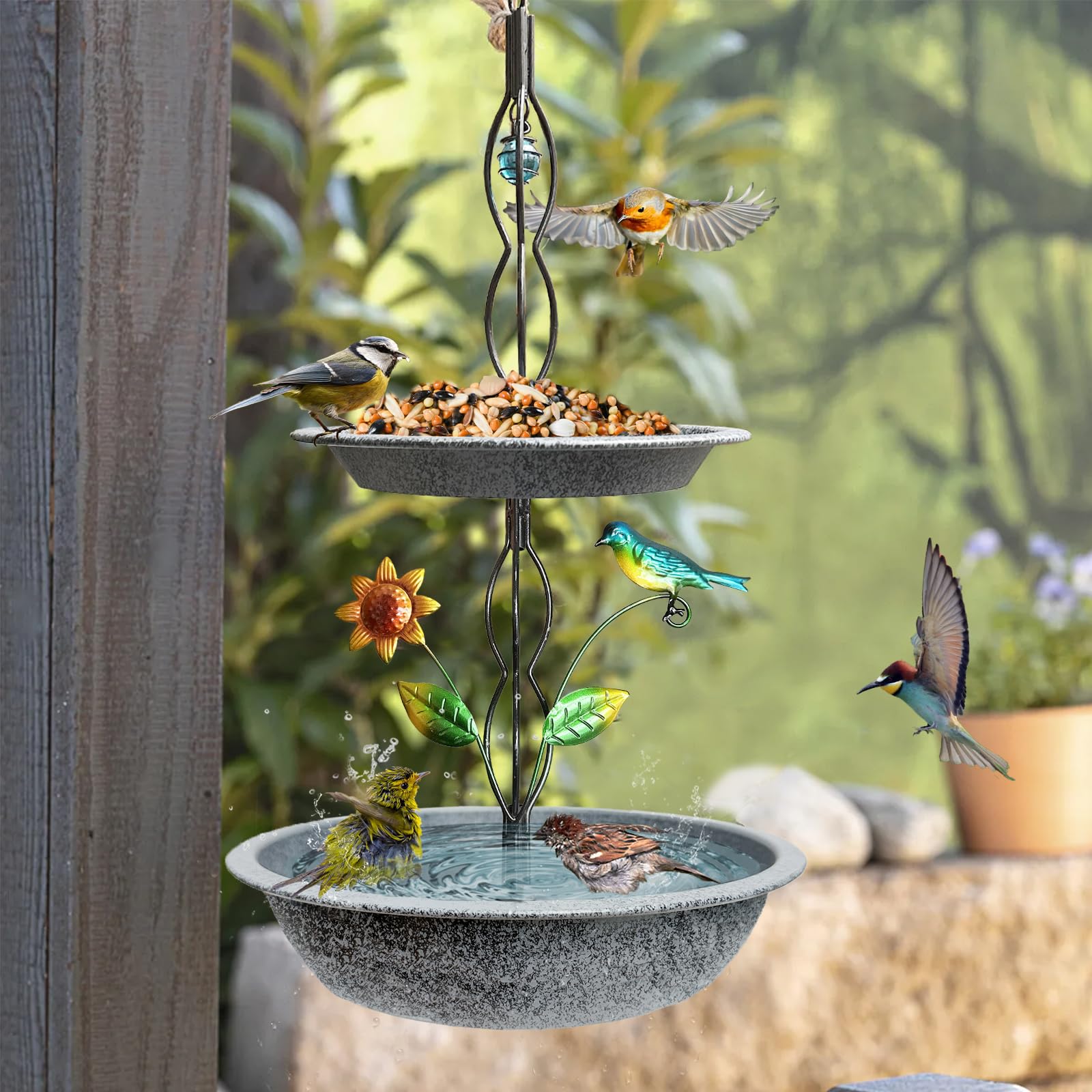 Metall-Vogeltränke Mit Standfuß & Futterstation – Baum-Deko Für Garten & Terrasse, 94 Cm Hoch