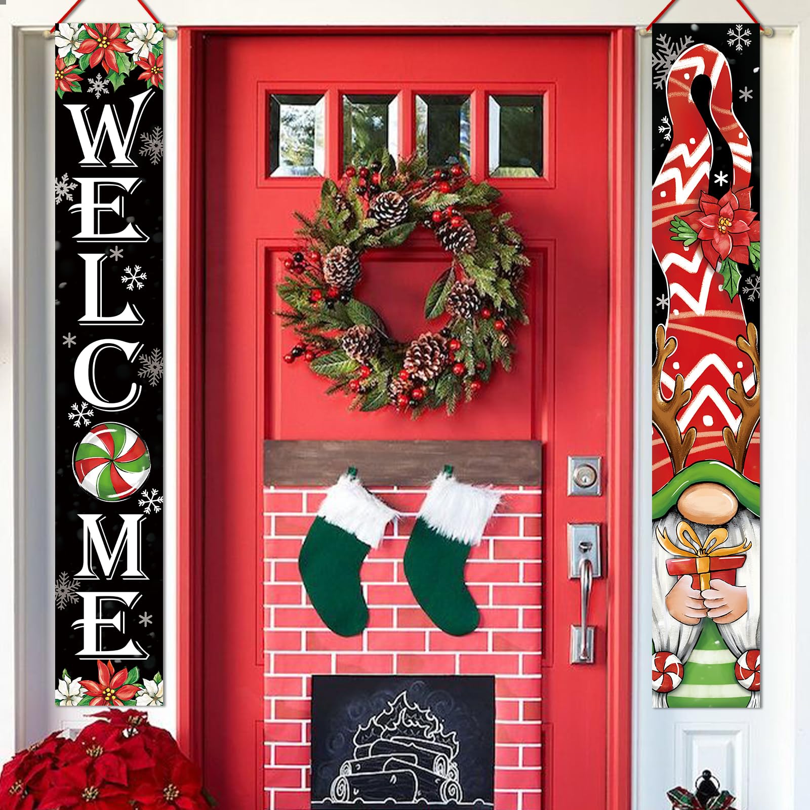 Welcome Christmas Elk Gnome Porch Banner Sign, Xmas Gift Peppermint Candy Poinsettia Black Door Decorative Hanging Banner Flag, Snowflakes Holiday Decoration Home Outdoor Yard Decor