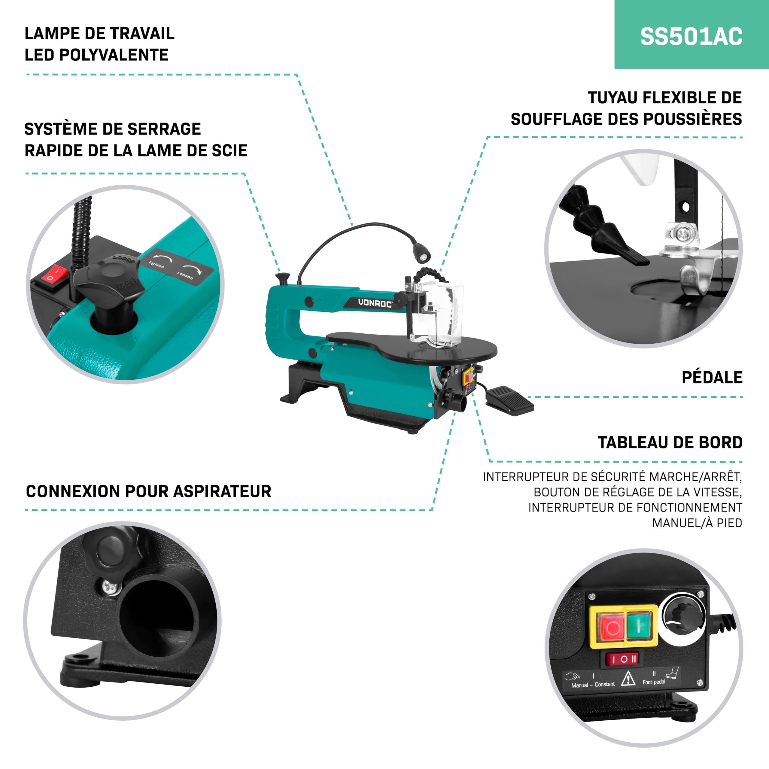 VONROC Scie à Chantourner 120W, Table Inclinable 0°-45°, Vitesse 400-1600 tr/min, LED, Pédale & Soufflerie