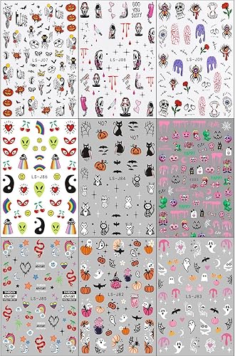 Miniatura 9 de JMEOWIO 9 hojas de calcomanías de arte de uñas de Halloween, calcomanías autoadhesivas, uñas de terror, fantasma, bruja, telaraña, murciélago, gato,