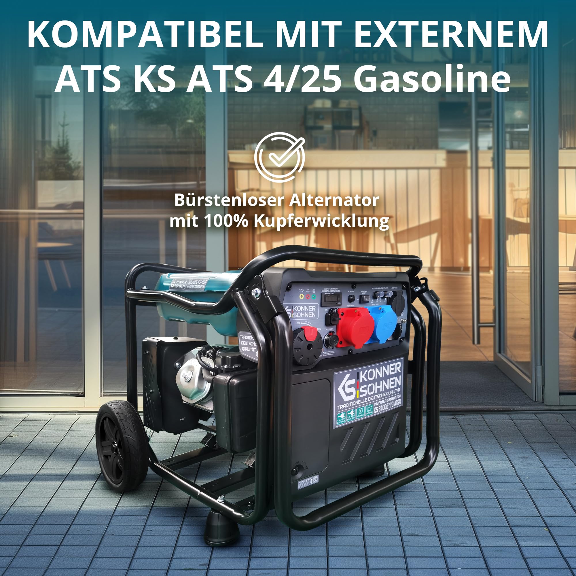 Könner & Söhnen KS 8100iE 1/3 ATSR Inverter-Stromerzeuger 8,5 kW, für Einphasen- (230V) und Dreiphasenbetrieb (400V), Benzin Generator Stromerzeuger mit ATS-Anschlussmöglichkeit