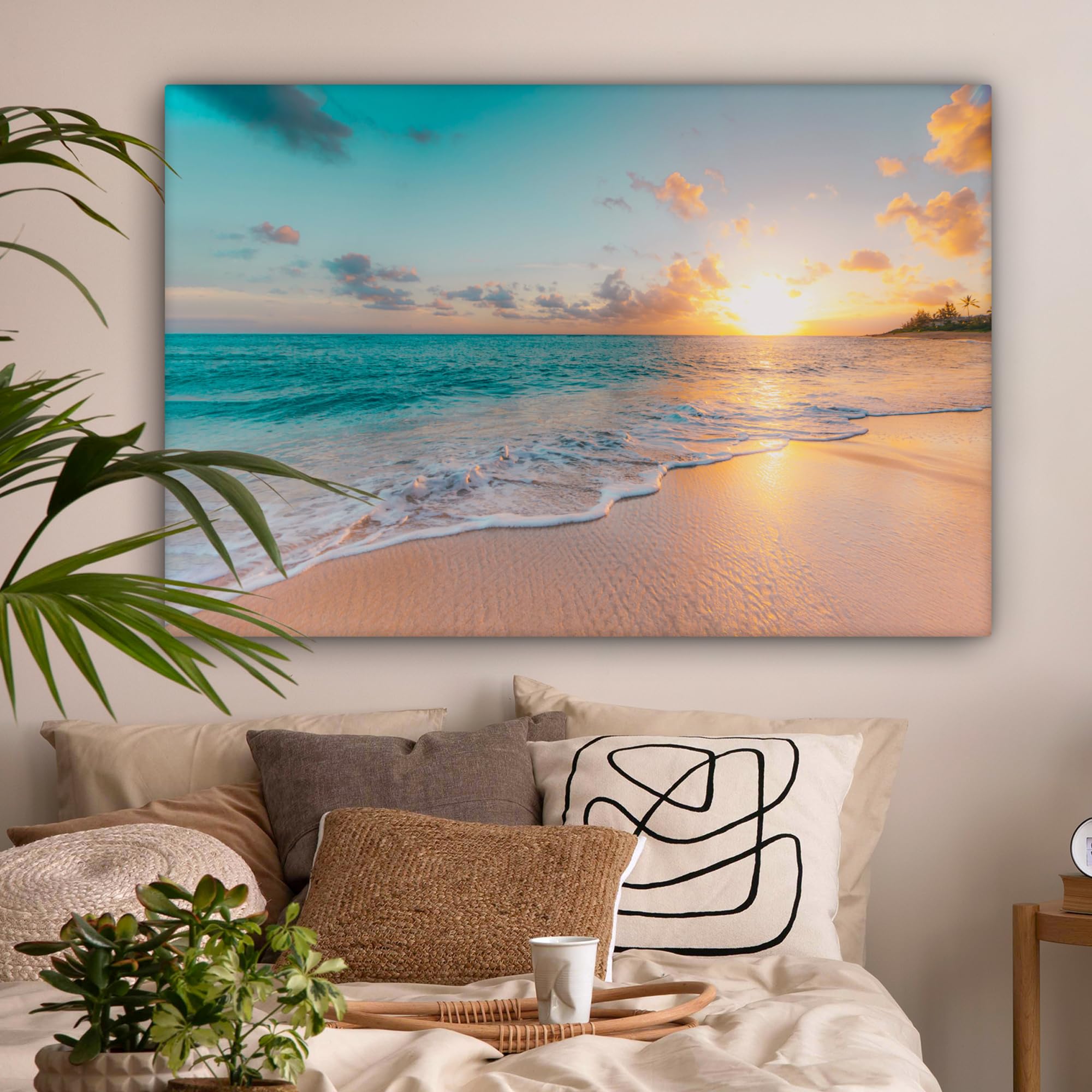 MuchoWow© Impressions sur Toile 120x80 cm Deco Tableau Murale Decoration Salon Peinture Tableaux Chambre Toiles Maison Coucher de soleil - Plage - Mer - Été - Bleu