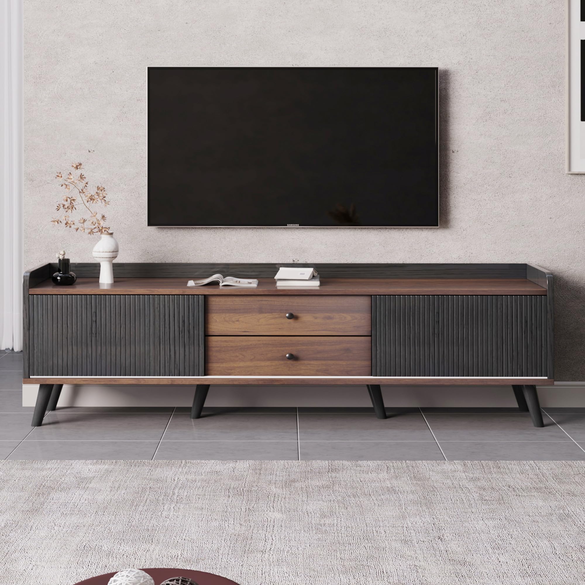 BTM TV cabinet with two drawers, TV stand, TV lowboard with two sliding doors. Exquisite texture. 160L/40W/58H cm — image 1