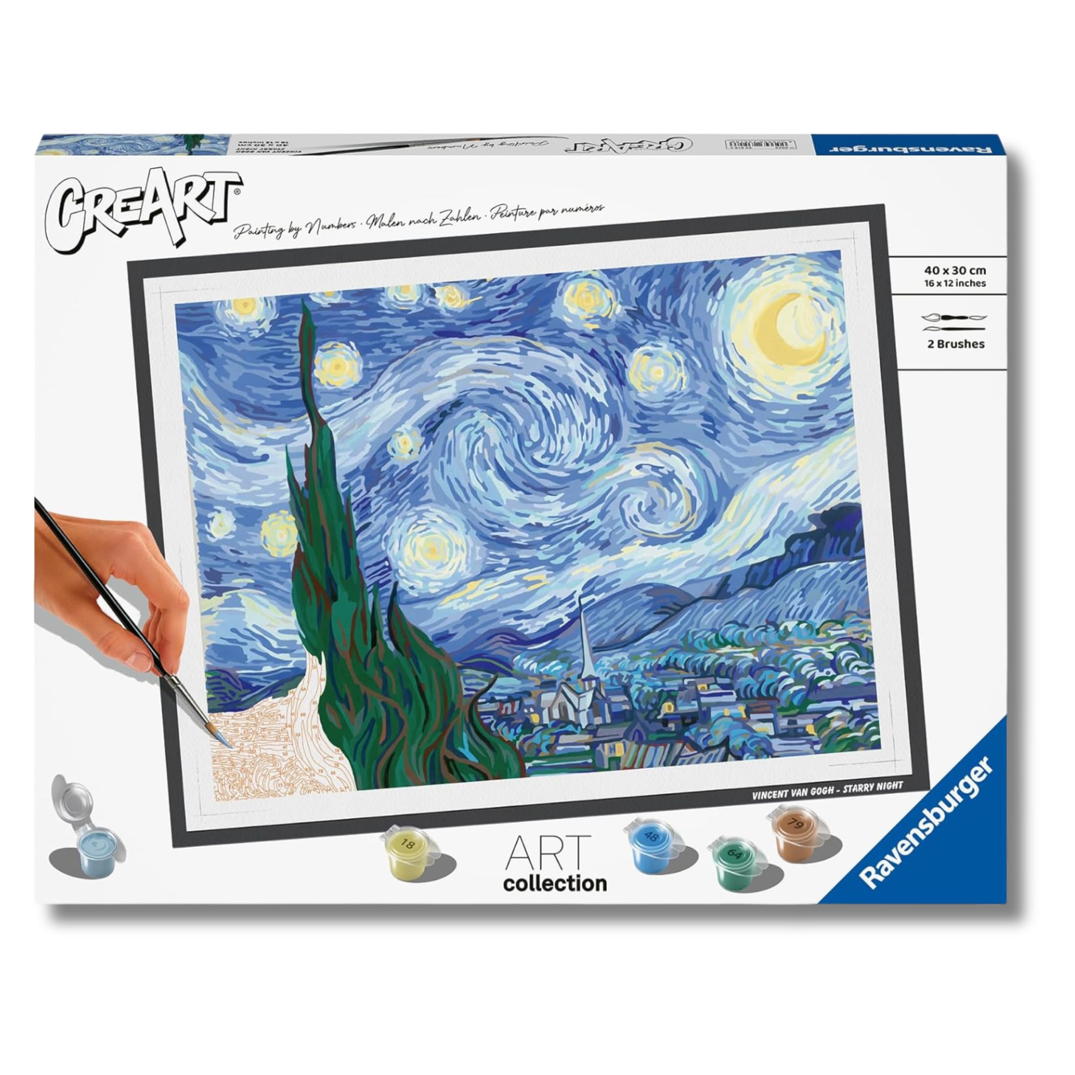 Ravensburger CreArt: Van Gogh Notte Stellata – Dipingere con i Numeri Adulti, Attività Creativa e Rilassante, Kit Pittura con Pennello e Colori Inclusi, 30 x 40 cm, Idee Regalo
