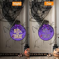 Vista 3 de Wironlst Decoración de puerta de Halloween, letrero iluminado de Halloween con corona de araña, araña, murciélago, ramas de árbol muerto, lazo