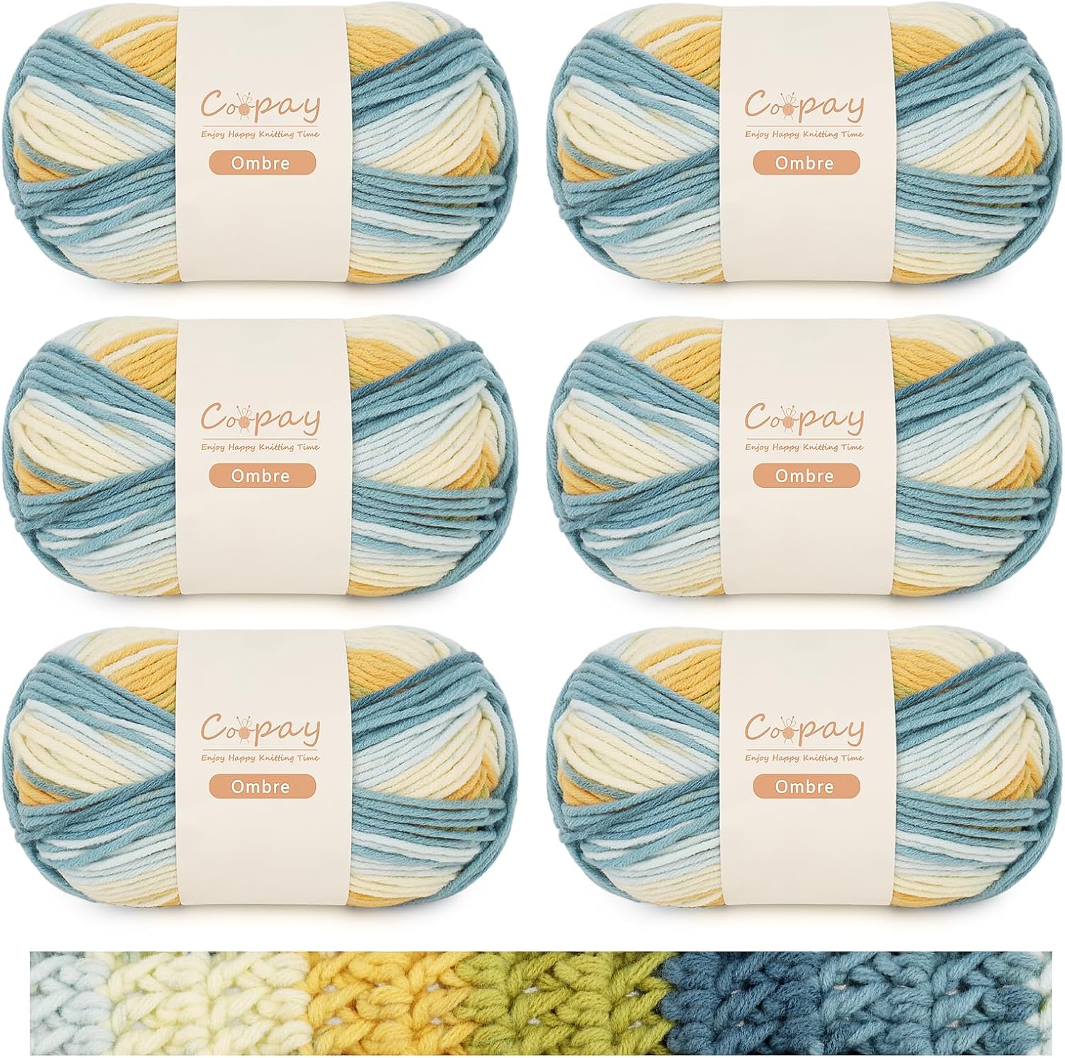 Coopay Ombre Yarn for Crocheting and Knitting, Worsted Weight Yarn 4, 6 Pack Gradient Yarns of 99.99% Acrylic-100g/3.52oz-130m/142yds, Suitable for Hats, Bags and Blankets (105 Sea Salt)