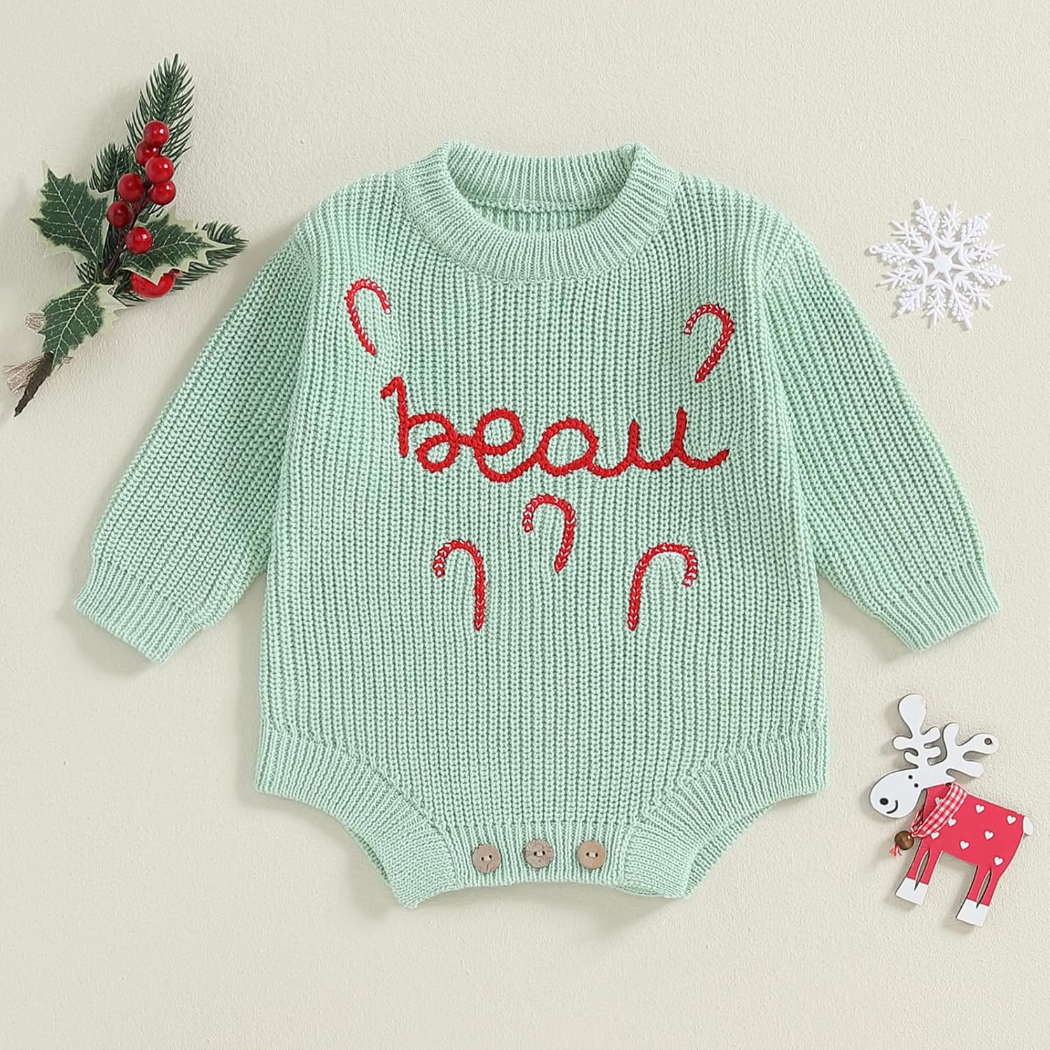 Lesimsam Newborn Baby Boy Girl Christmas Outfit Knit Sweater Romper Oversized Long Sleeve Bubble Bodysuit Warm Winter Clothes - Image 2