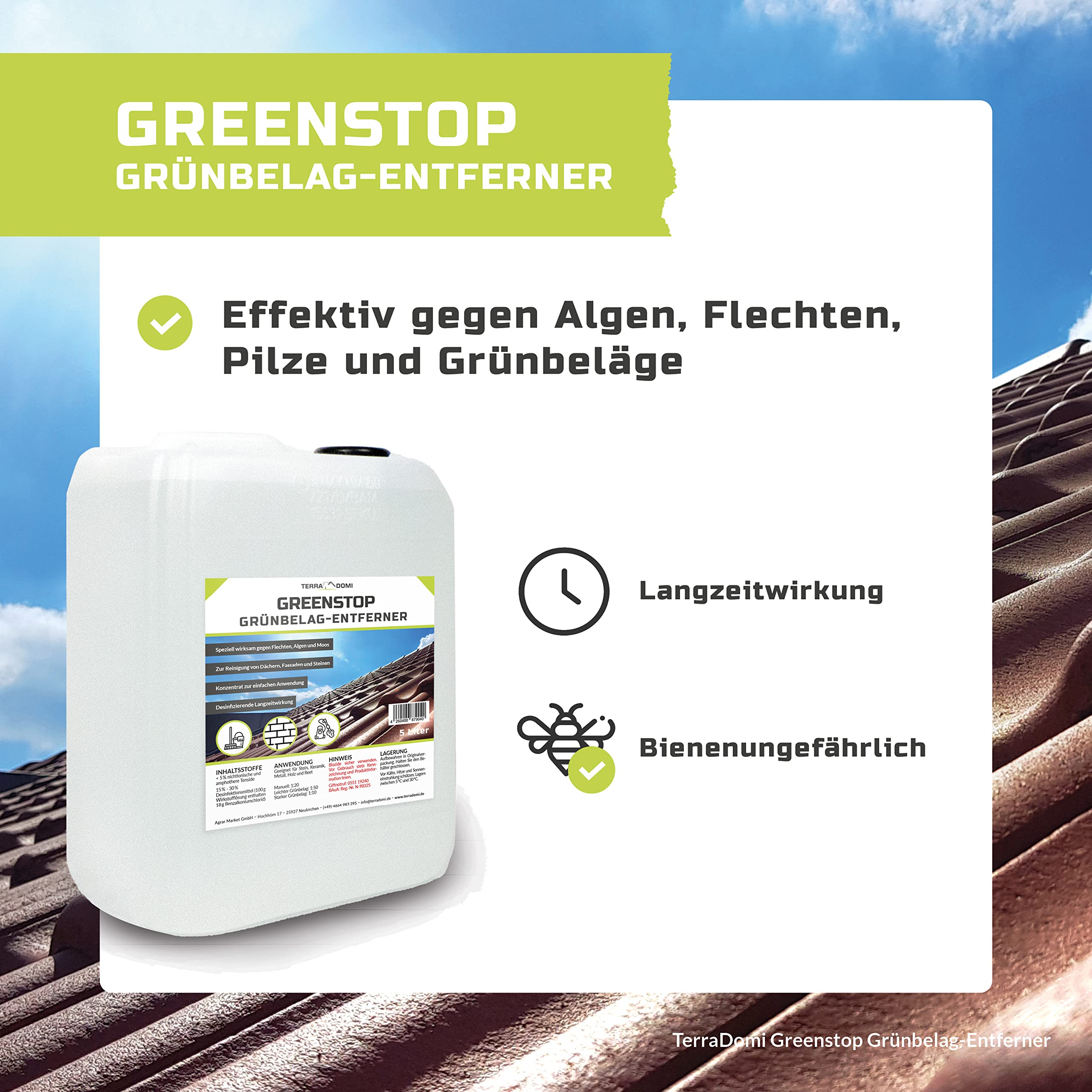 TerraDomi 5 Liter Greenstop für 1500m² I Grünbelagentferner 1:50 Konzentrat gegen Flechten und Algen I Dach- und Steinreiniger I effektiver Fassadenreiniger | A.K.B. …