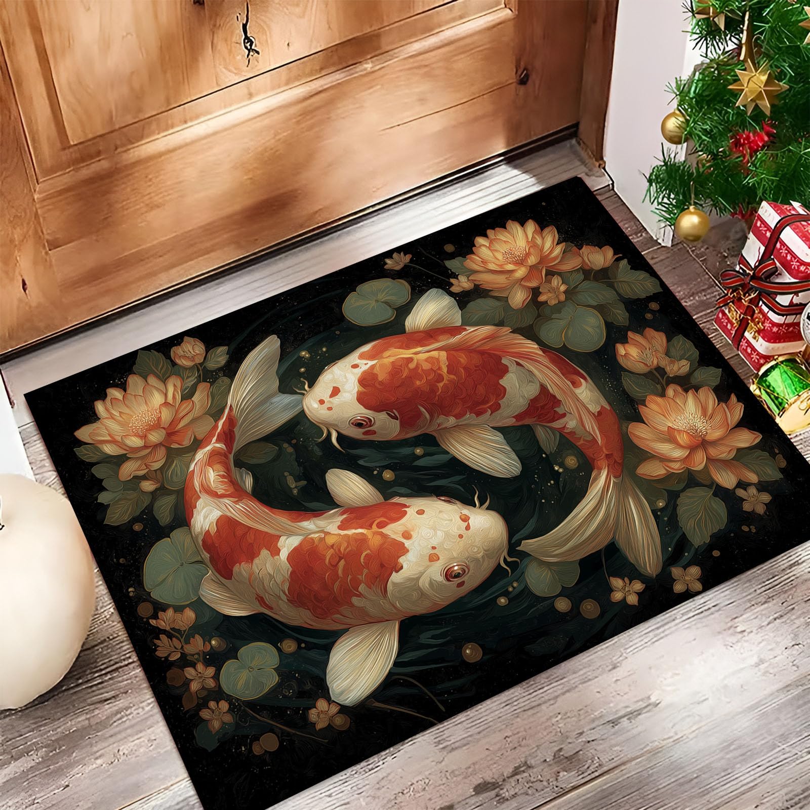 Paillasson fleurs et carpes koï 40x60 cm antidérapant et lavable pour l'entrée de maison