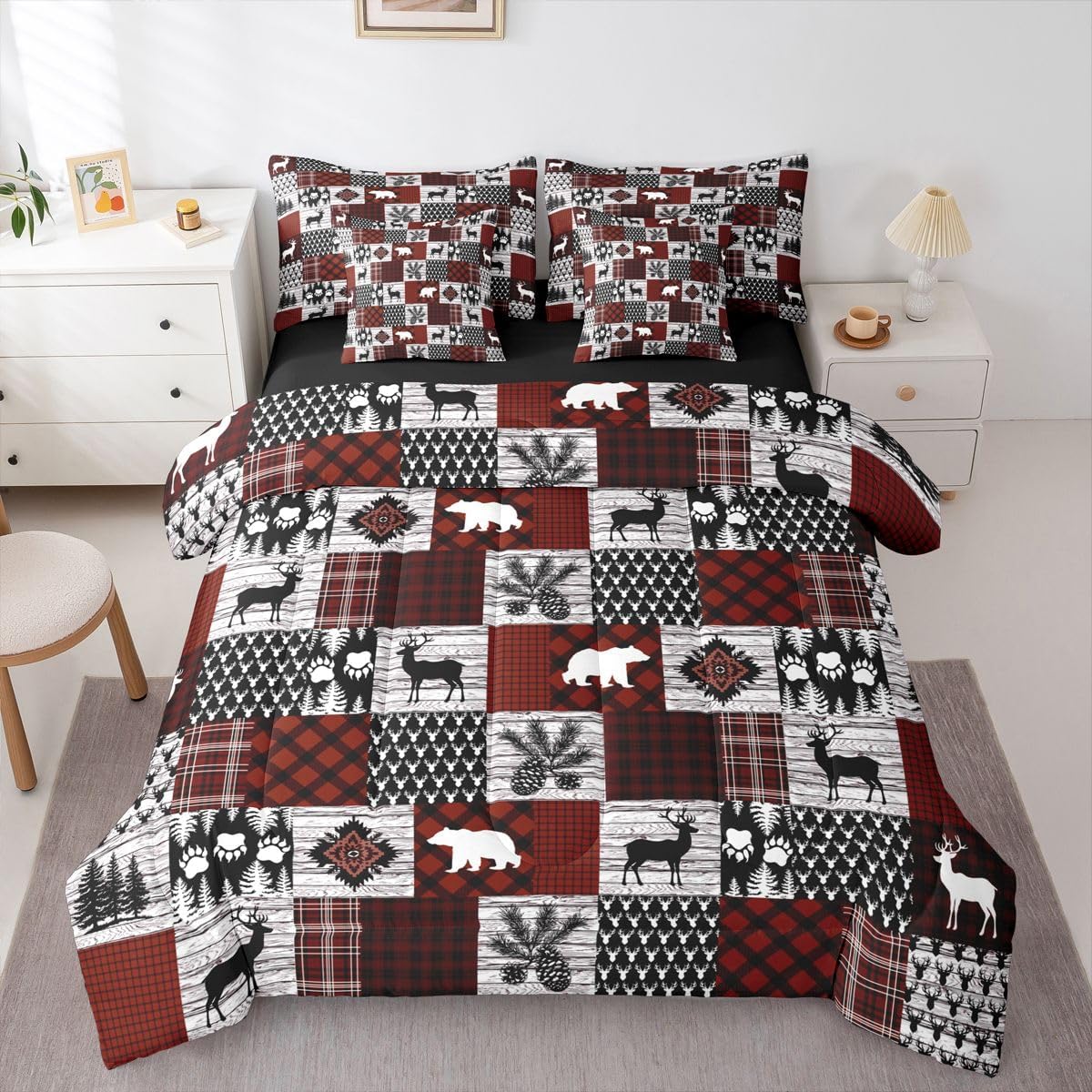 Feelyou Cabin Queen Comforter Set with Sheets for Kids Boys Girls Farmhouse Rustic 7 Pieces Bedding Set Bear Deer Bed in a Bag Country Lodge Room Decor Red Soft Lightweight Microfiber