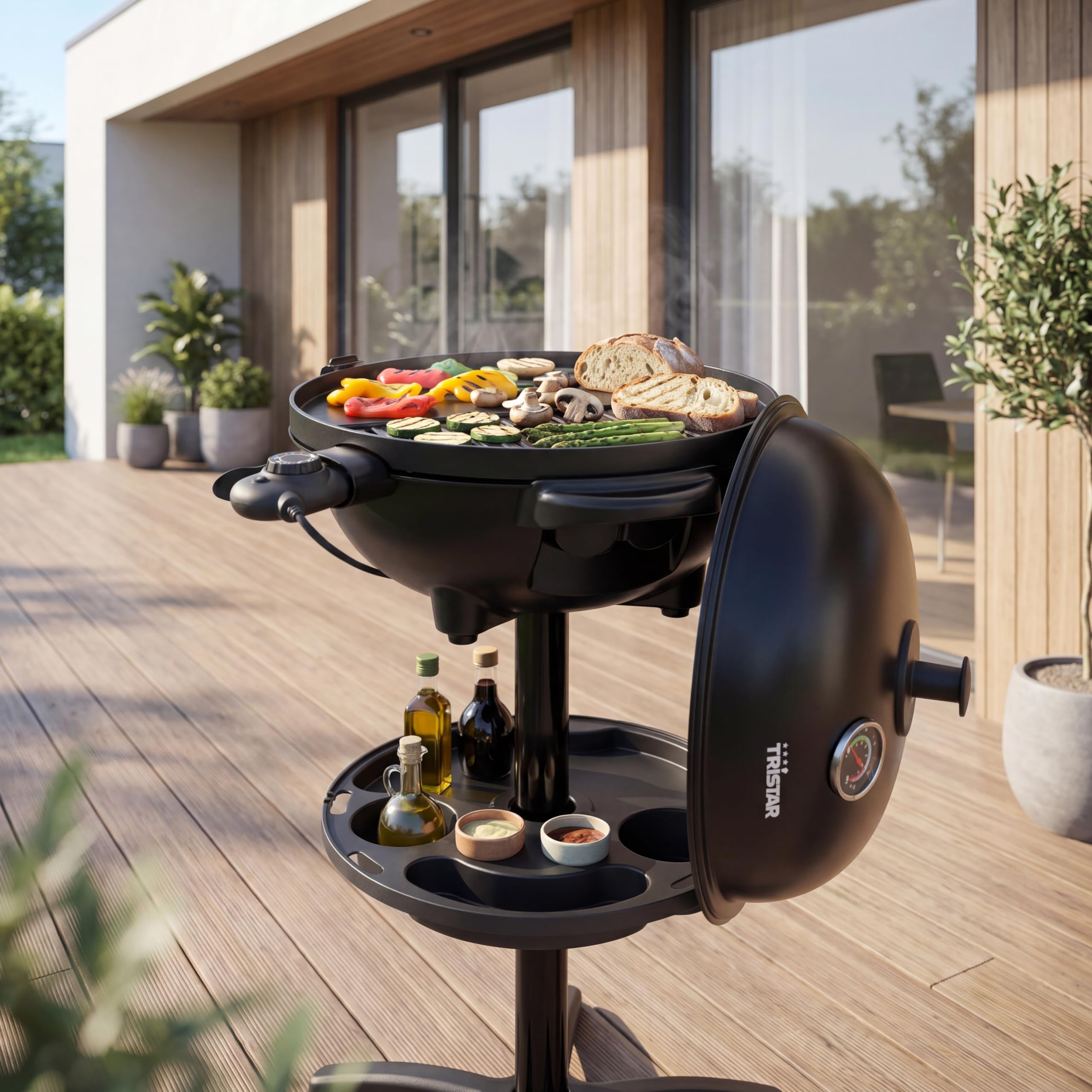 Tristar BQ-2885 elektryczny grill ze stojakiem, płyta grillowa 41 cm, 2200 W, może być również stosowany jako grill stołowy, pokrywa z termometrem i regulowanym termostatem