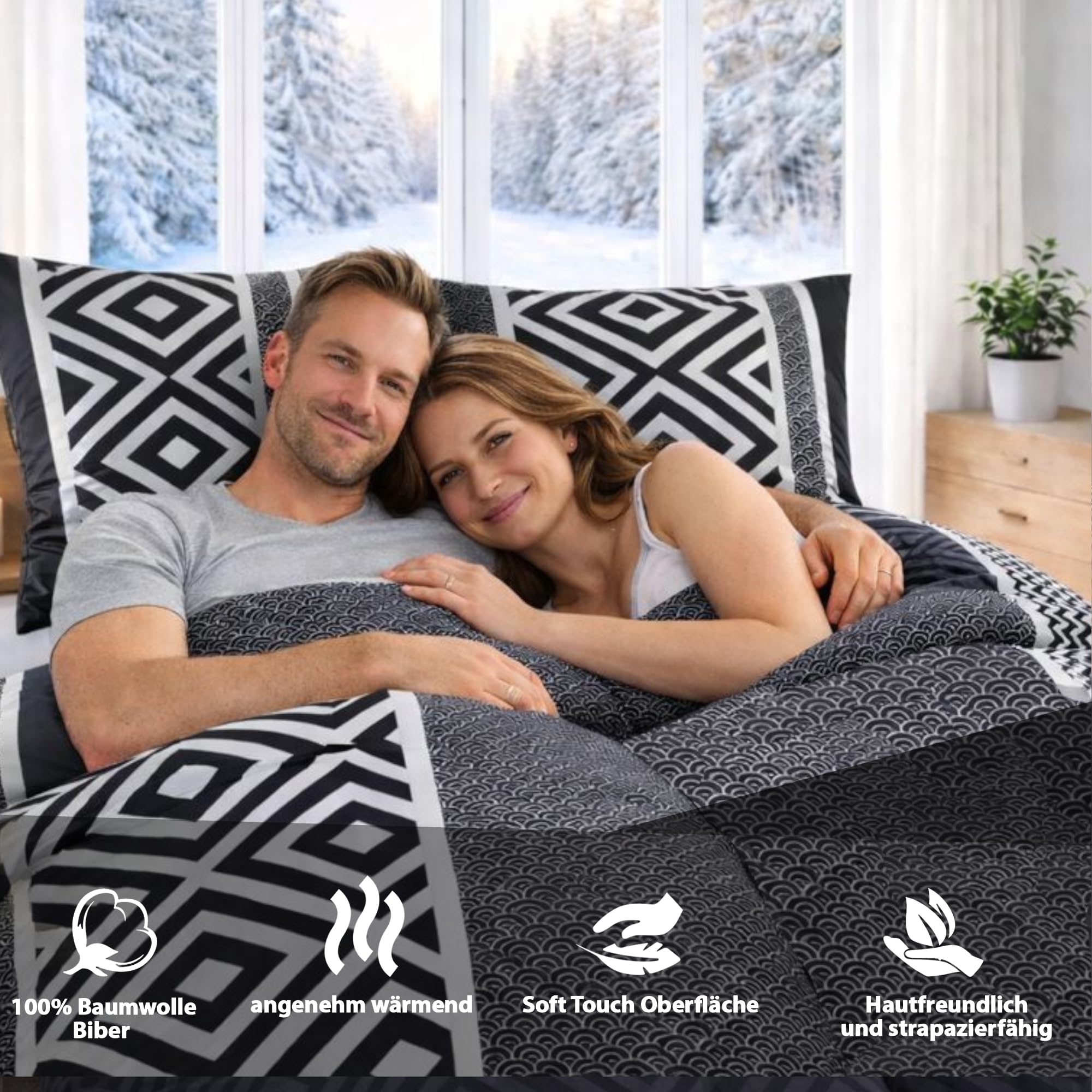 MALIKA Biber Bettwäsche 4-teilig 135x200 cm - 100% Baumwolle Feinbiber, kuschelig warm & weich angeraut - Winter Bettwäsche Set mit 2 Kissenbezügen 80x80, Größe:2X 135x200 + 2X 80x80 cm