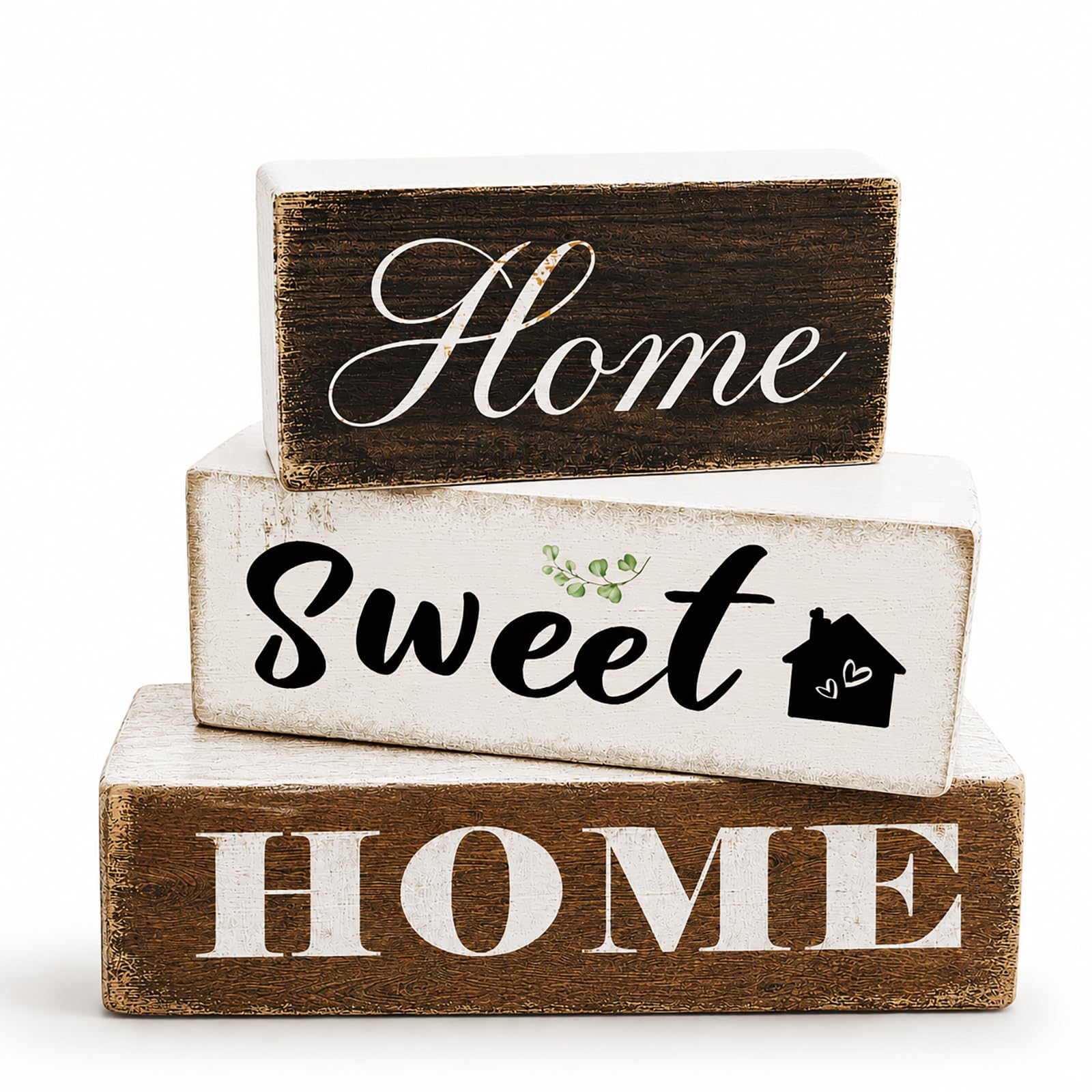 3 Pcs Farmhouse Wood Table Decoration Rustic Home Tiered Tray Decor Wooden Block Sign Retro Housewarming Gift Sweet Home Tabletop Centerpiece for Desk Floating Shelf Mantel