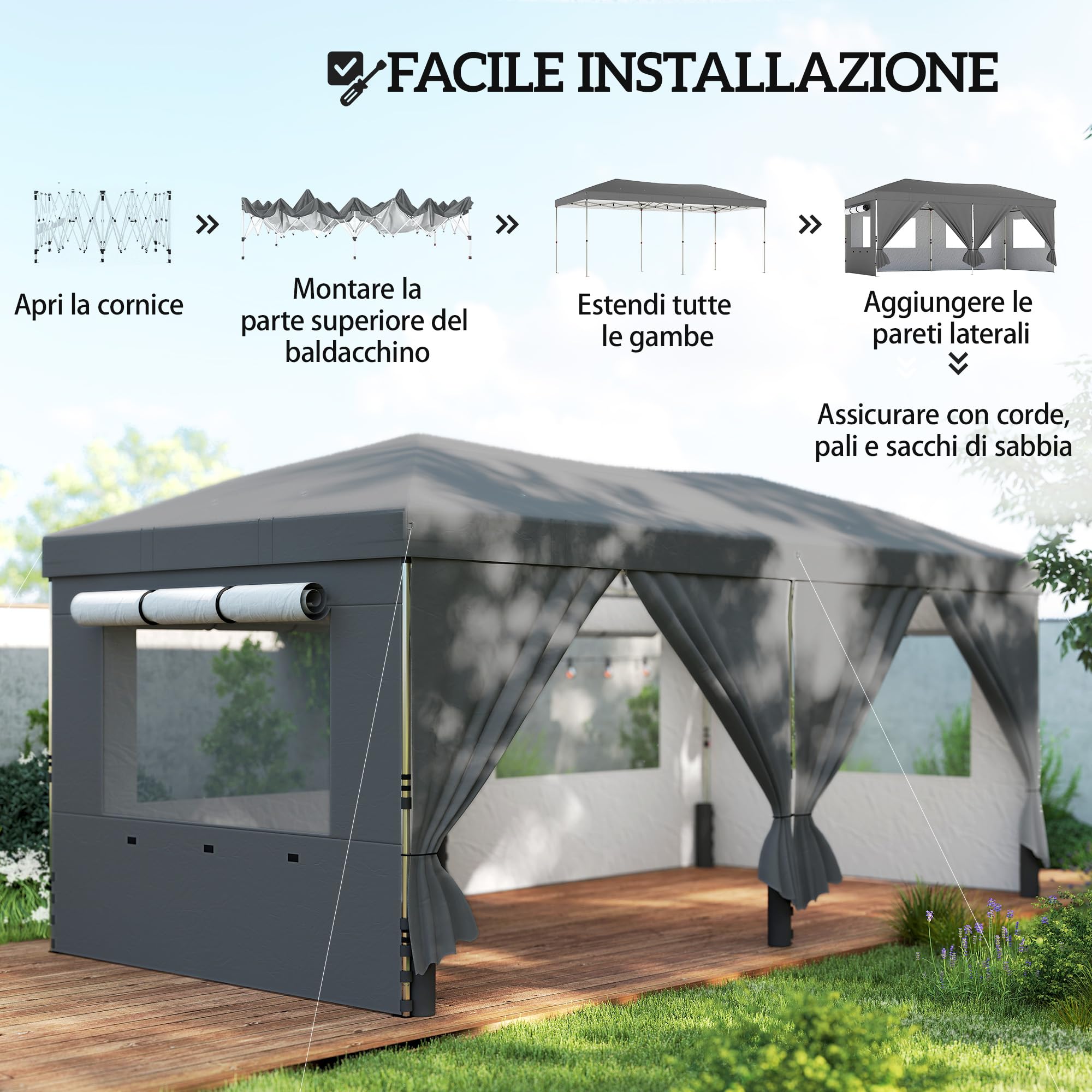 Outsunny Gazebo Pieghevole 3x6m Pop Up con 6 Pareti Laterali e Finestre in Rete, Gazebo da Giardino Altezza Regolabile con Sacchi di Sabbia, Borsa a Ruote, UV50+ per Esterno Feste, Grigio Scuro