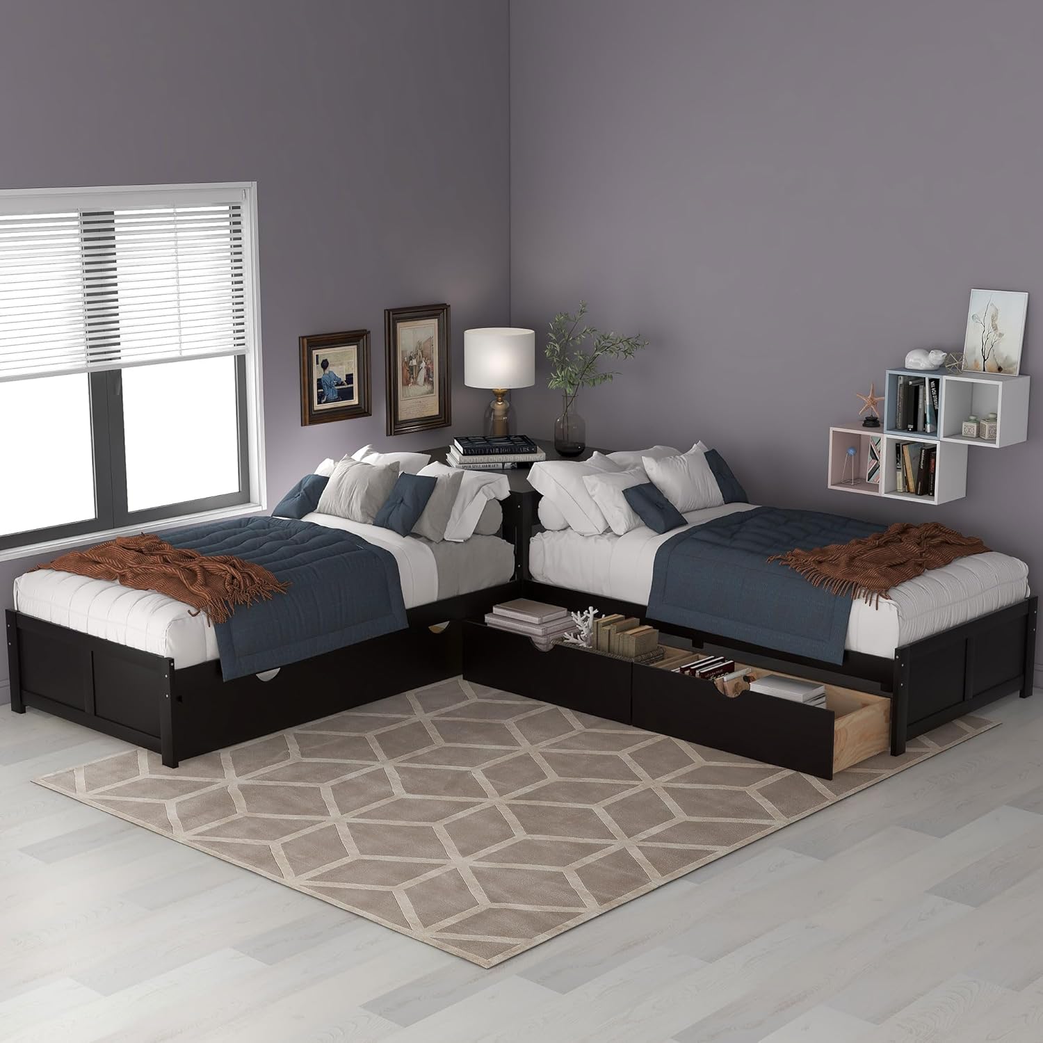 Bellemave L-Shape Twin Platform Beds with Trundle Wood Corner Daybed with 2 Storage Drawers and Desk for Living Room, Kids/Teens’ Bedroom, Guest Room, Espresso