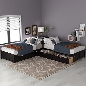 SOFTSEA L-Shaped Beds Frame with Trundle and Drawers for 3 Kids, Twin Corner Double Bed Wood Platform Frames with Storage Nightstand