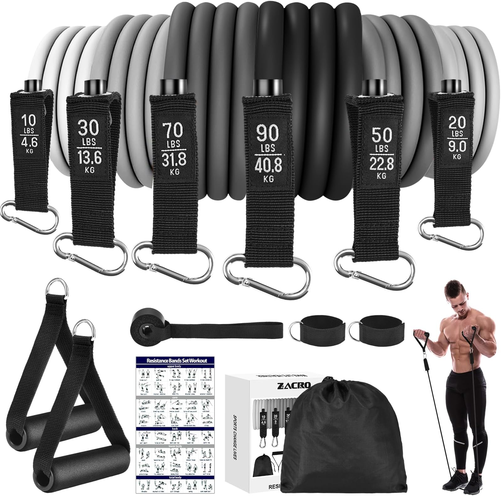 ZacroResistance Bands for Working Out, 270 lbs Heavy Resistance Bands with Handles, Exercise Bands with Door Anchor, Ankle Straps, for Heavy Resistance Training, Shape Body, Yoga, Home Workout