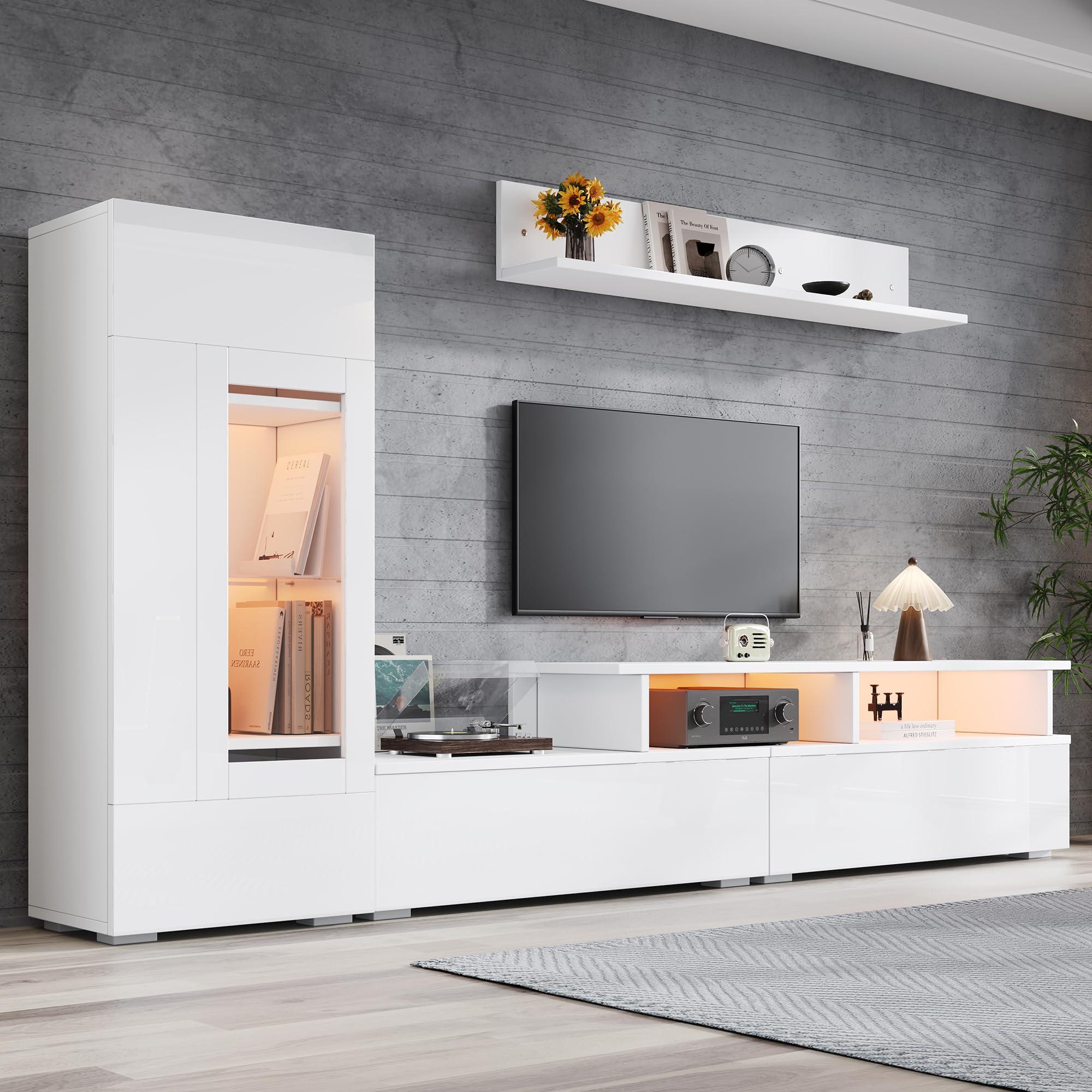 Set di mobili da soggiorno per TV da 3 pezzi con illuminazione LED, mobili da soggiorno ad alta luminosità, mobile frontale per TV, 1 mobile per TV, 1 mobile vetrina per soggiorno, scaffale