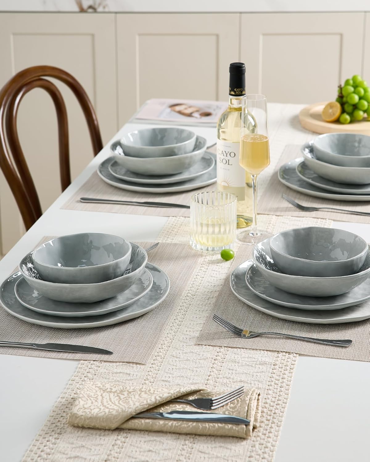 Famiware Porcelain kitchen plates and bowls set, Modern dishes set for 4, Handmade Wave Edge Dinnerware Sets, Microwave and Dishwasher Safe Tableware, Sleek Grey (16pc) - Image 5