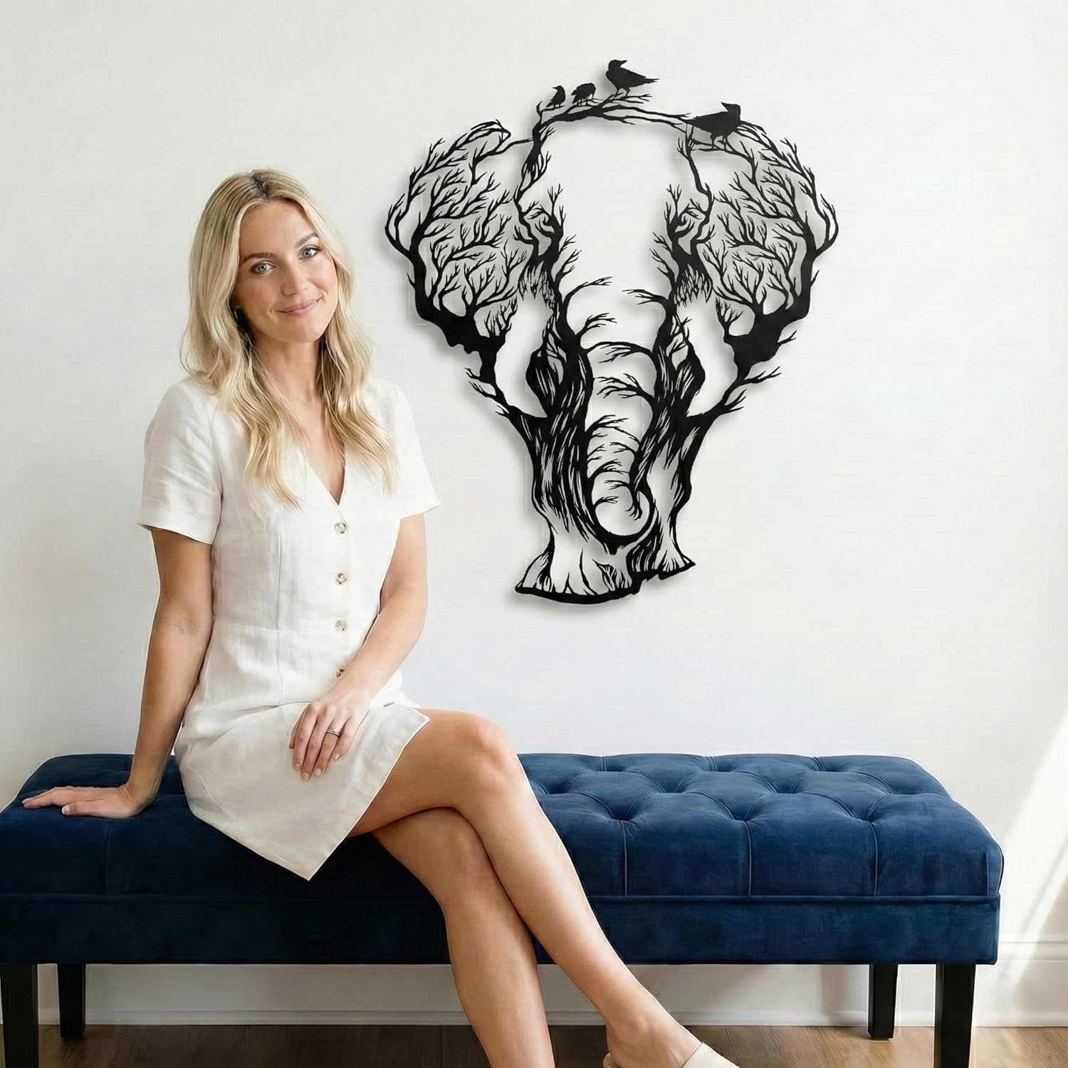 DEKADRON Metal Wall Art, Geometric Elephant, Metal Wall Decor, Interior Decoration, Living Room Decor, Wildlife Lover Gift, Wall Hangings, Birds and Elephant Sign (23" W x 30" H / 59x75cm)