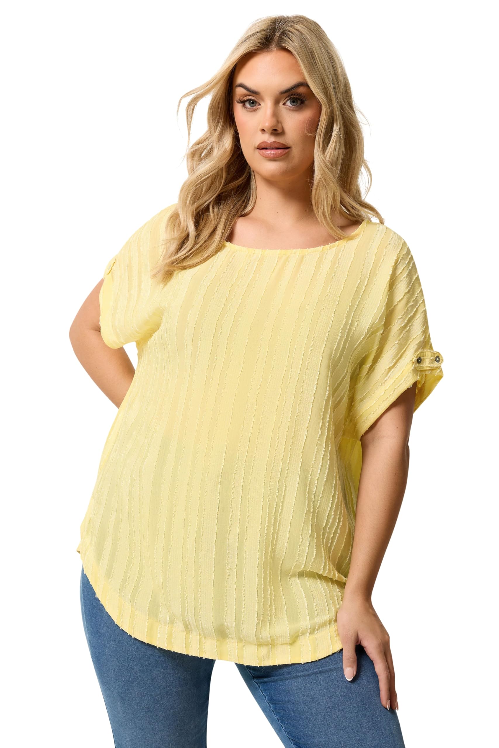 Yours Women's Yellow Curve Textured Stripe Tab Sleeve Top - Plus Size Curve