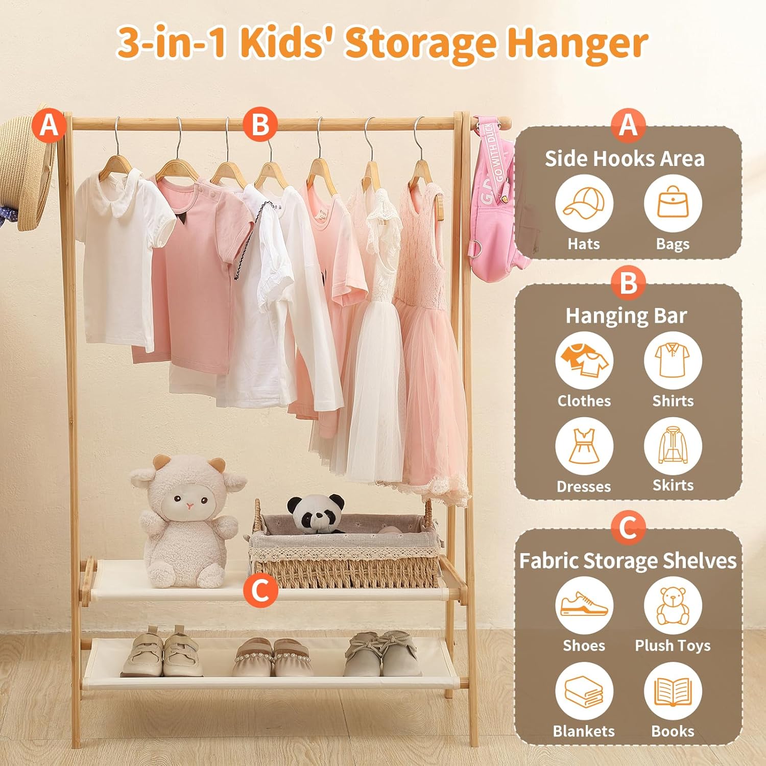 Foldable Kids Clothing Rack, Bamboo Triangle Dress Up Storage with 2 Fabric Shelves, Baby Clothes Rack for Nursery & Playroom, Kids Dress Up Rack, Baby Closet Organizer