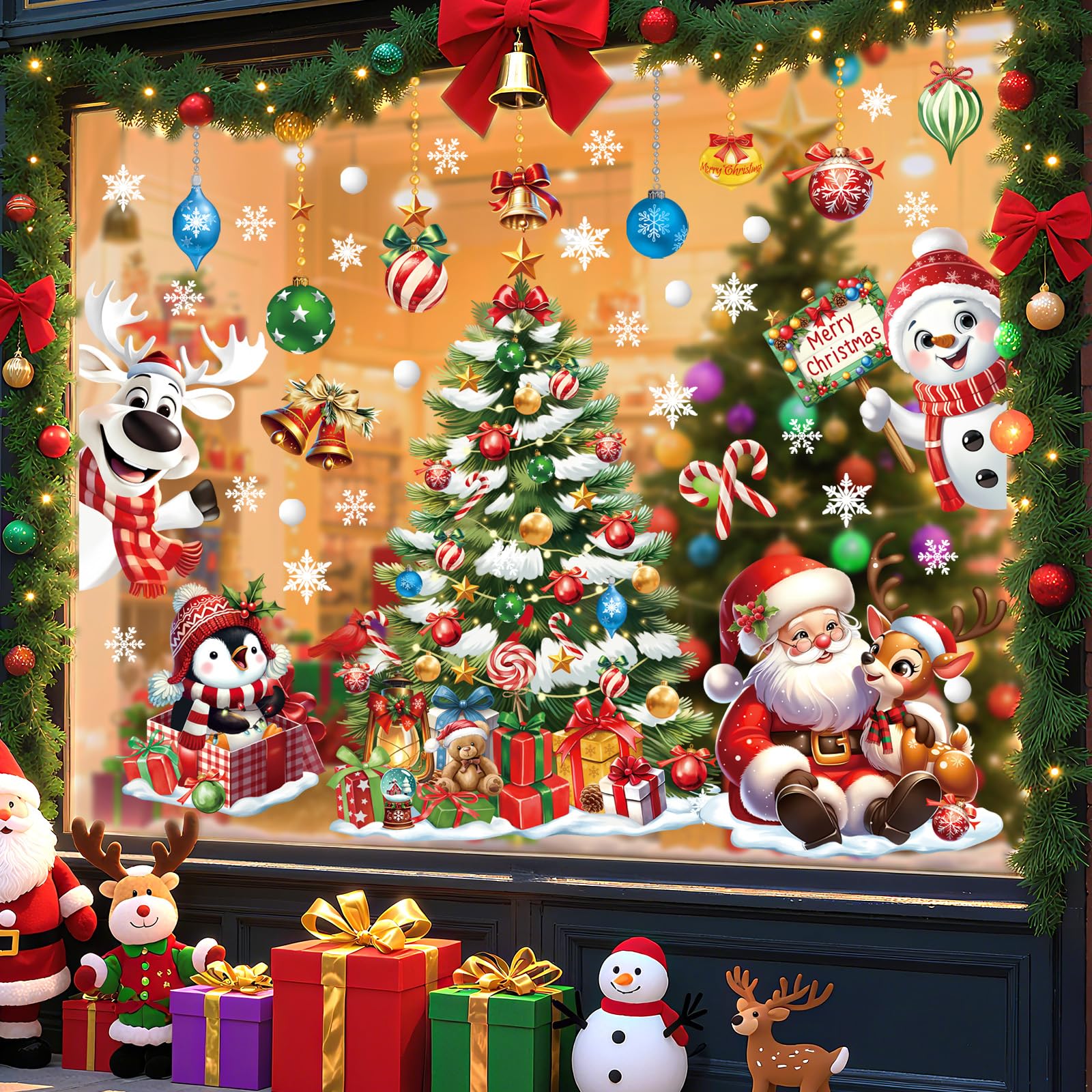 wondever 3D Christmas Tree Santa Claus Window Clings Reindeer Snowman Penguin Glass Sticker Decal Anti Collision Double-Side Static Window Decals for Christmas Party - Image 2