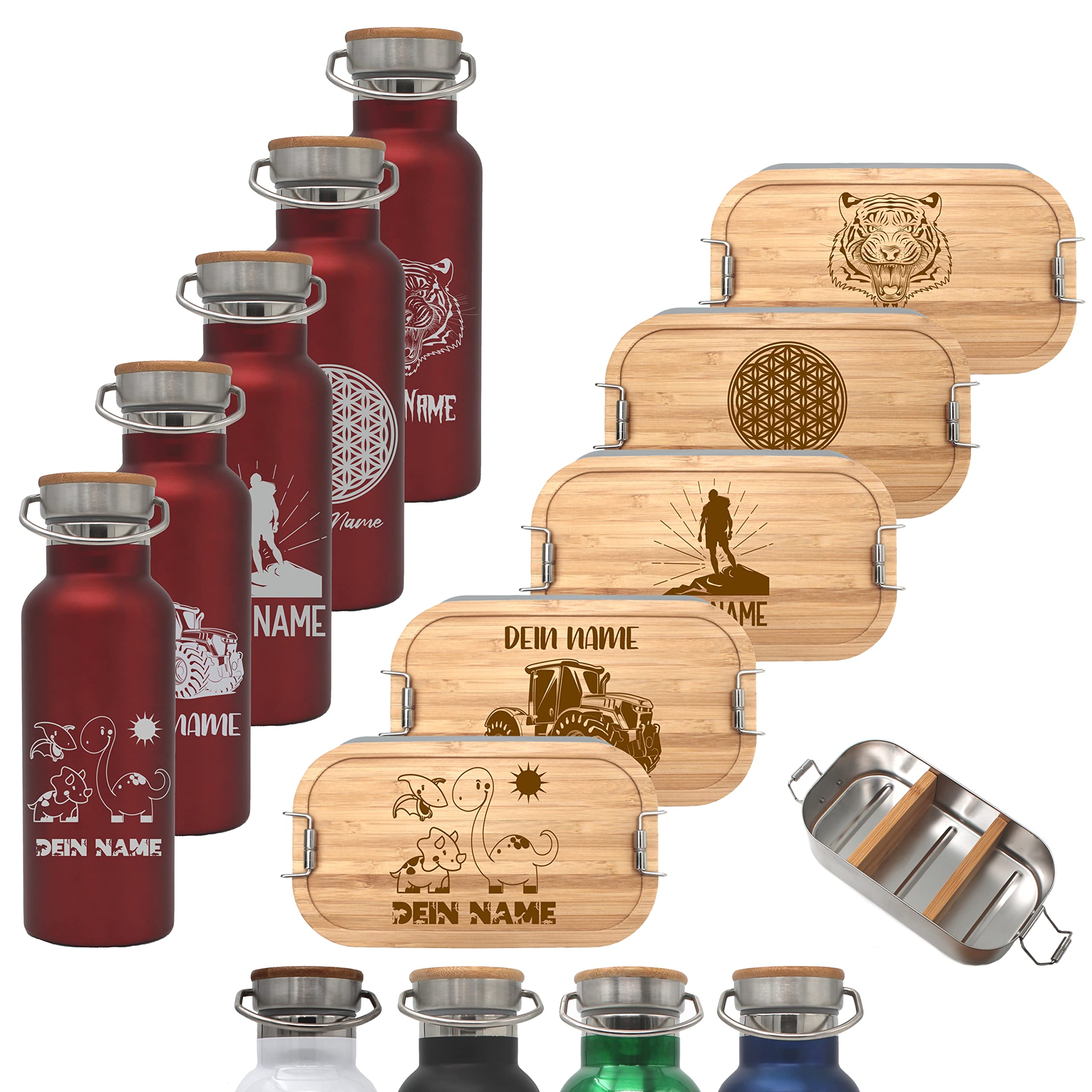 Brotdose 700ml mit Fächern und Trinkflasche 500ml aus Edelstahl mit Namen personalisiert, Lunchbox und Isolierflasche für Kinder und Erwachsene Brotzeitbox (Flasche ROT, Kleine Lunchbox 700ml)