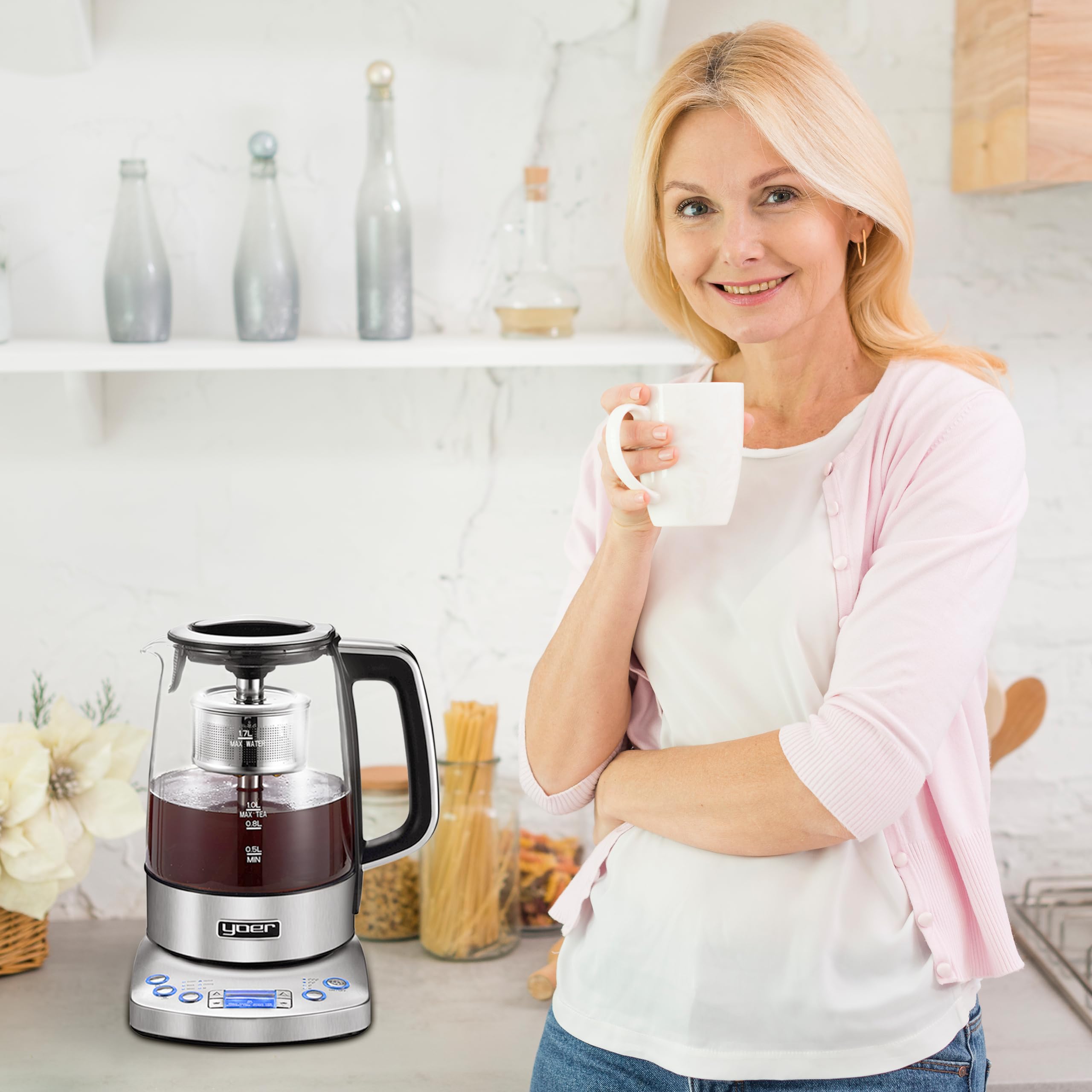 Yoer Elektrischer Wasserkocher, 2200W, Teesieb, 1,7 L, Automatisch