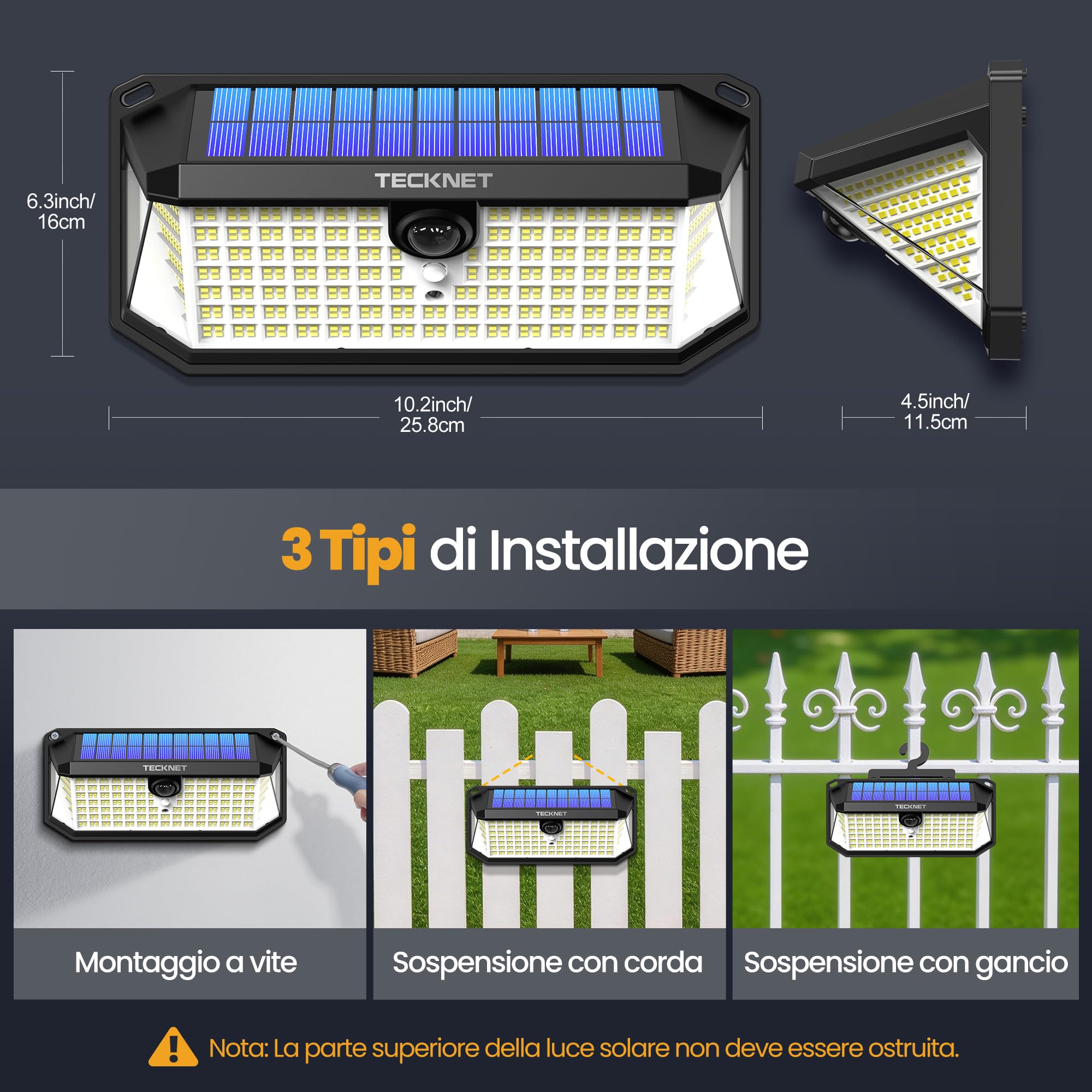 TECKNET Luce Solare LED Esterno, 546 LED, Illuminazione a 300°, IP66 | Faretto LED da Esterno Solare con Telecomando, Gancio per Lampada Solare da Esterno, per Giardini, Garage, Terrazze