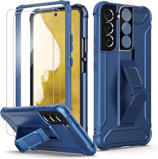 ORETECH Designed for Samsung Galaxy S22 Plus Case, [Tempered Glass Screen & Camera Protectors] [Heavy Duty Protection] [Kickstand & Phone Holder]6 in 1 Full Body Shockproof Samsung S22 Plus Case- Blue