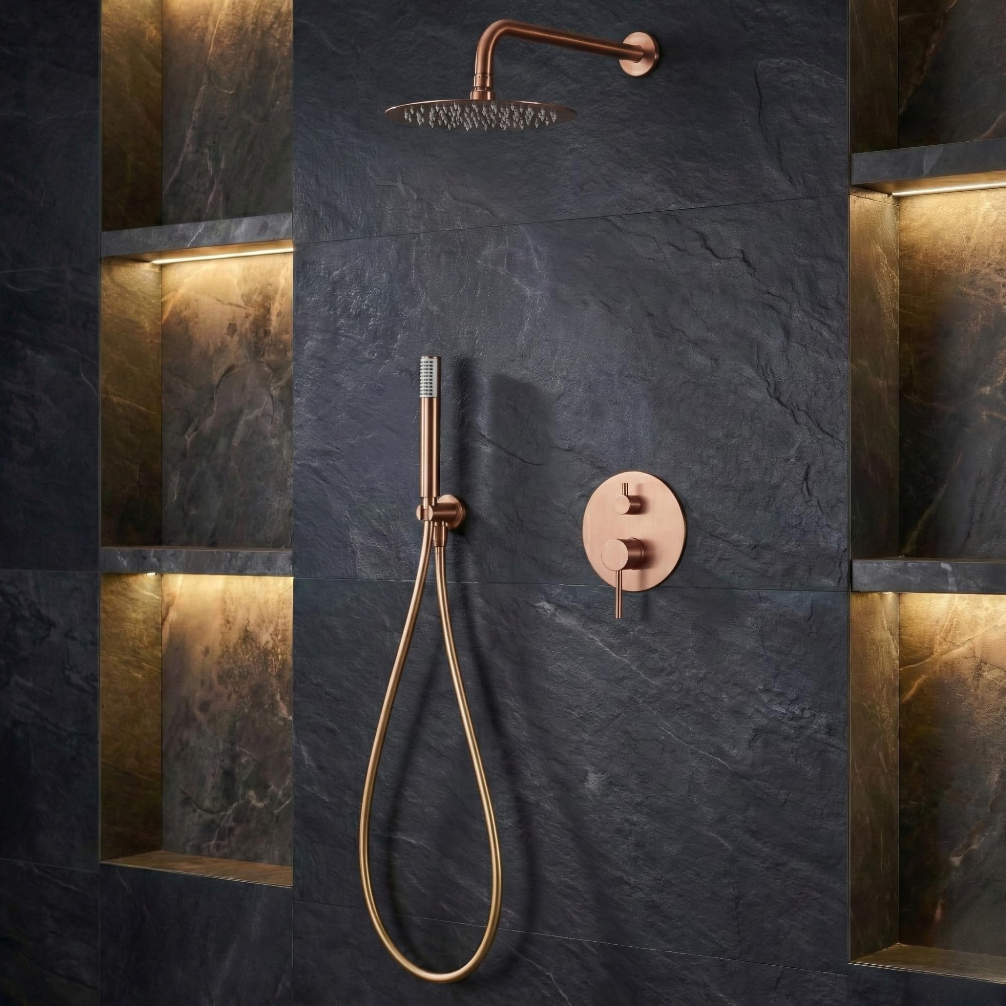 IMEX - Colonne de Douche Encastrée Salle de Bain | Colonne Douche Encastrable Laiton Or Rosse | Pommeau Douche Anti Calcaire en Acier Inoxydable S.304 | Série Monza