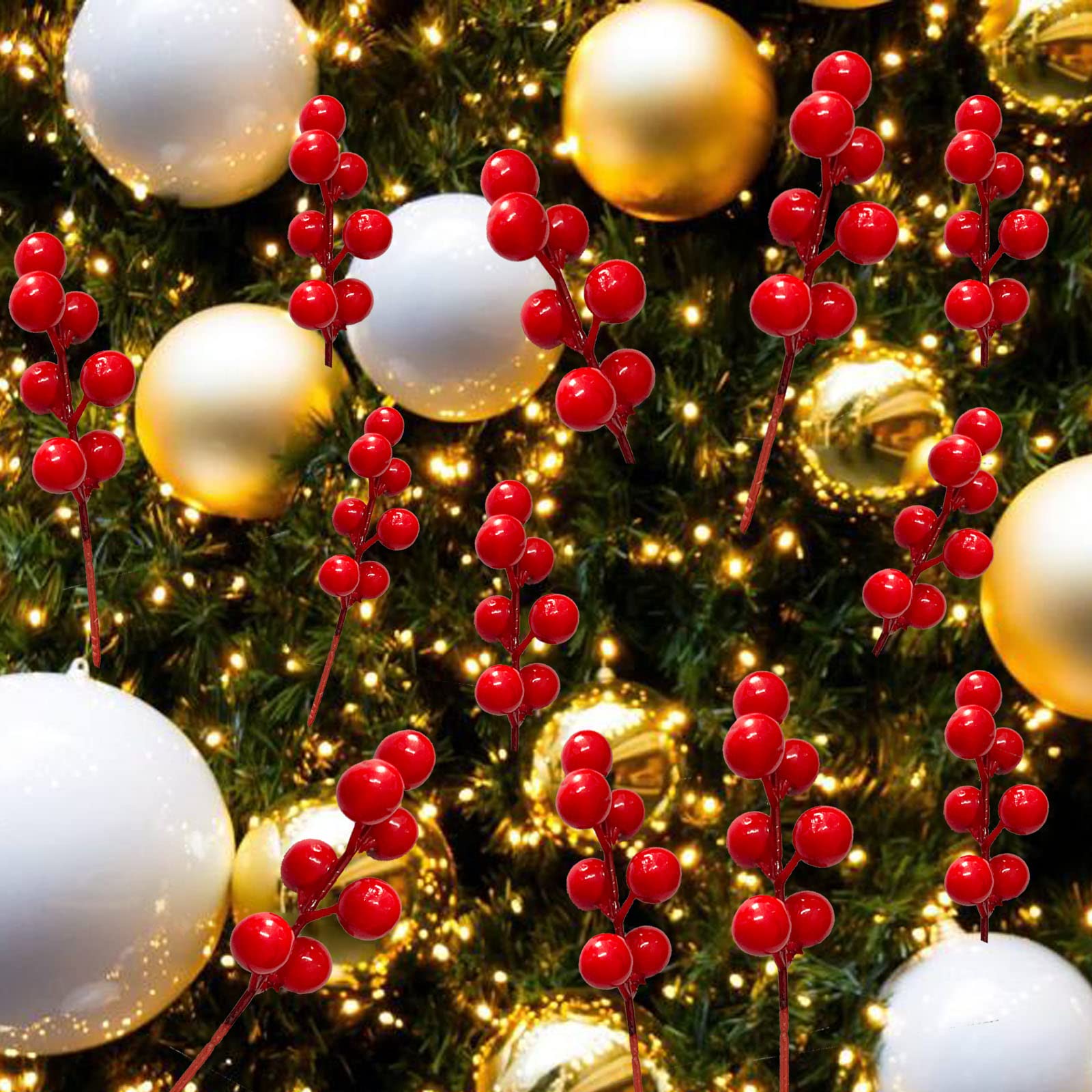 krpoiun 36pcs Decorative Wire Stem Branch Sprays Red Holly Berry Stem Picks for Christmas Tree Decoration, Holiday Decor, Silk Flower Arrangements, Home DIY Crafts (36, 6.7inch) (RED)