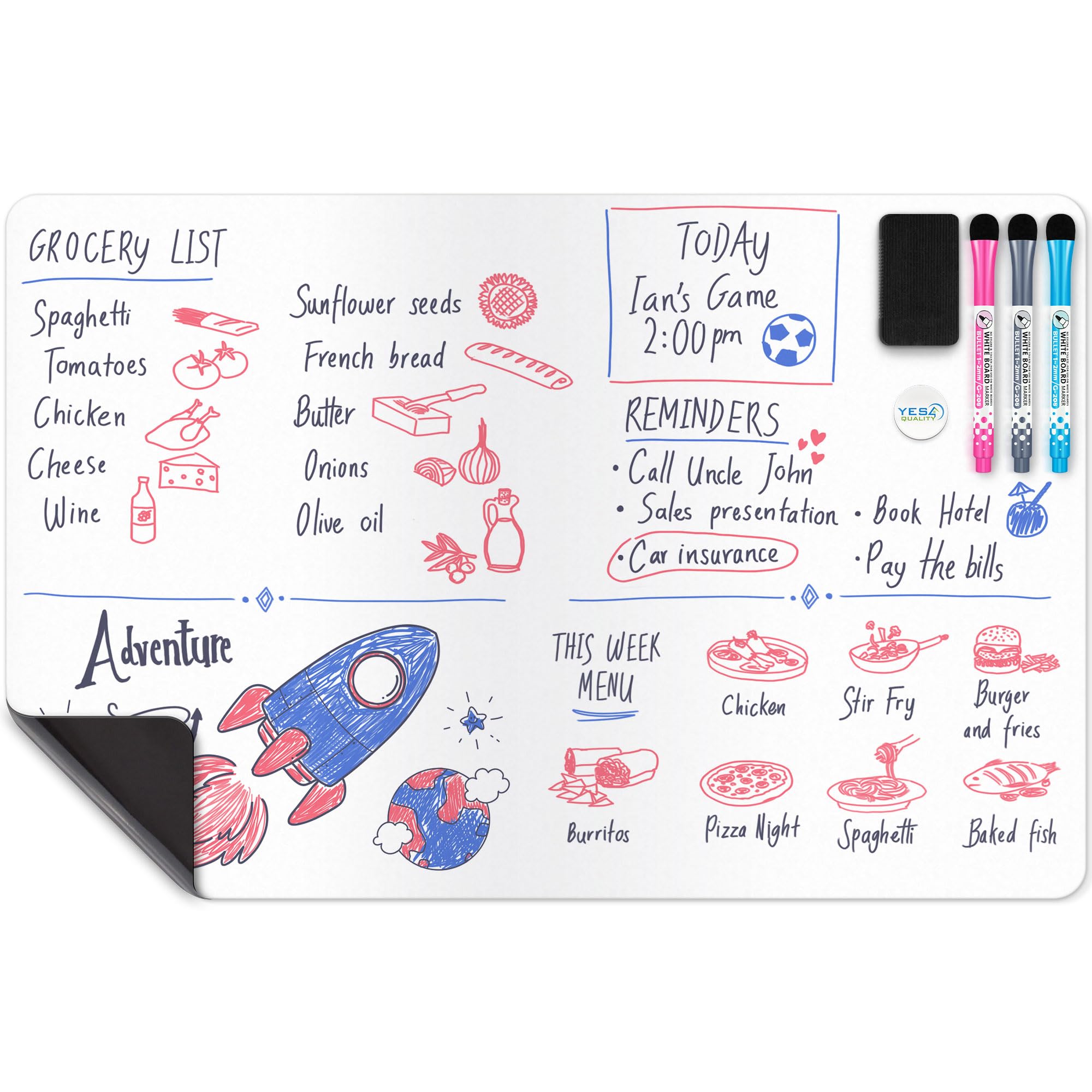 Extra Large Magnetic Dry Erase White Board Sheet for Fridge (23x15), Stain Resistant Technology w/ 3 Markers & Big Eraser w/Magnet, Refrigerator Whiteboard Planner & Organizer by Yes4Quality