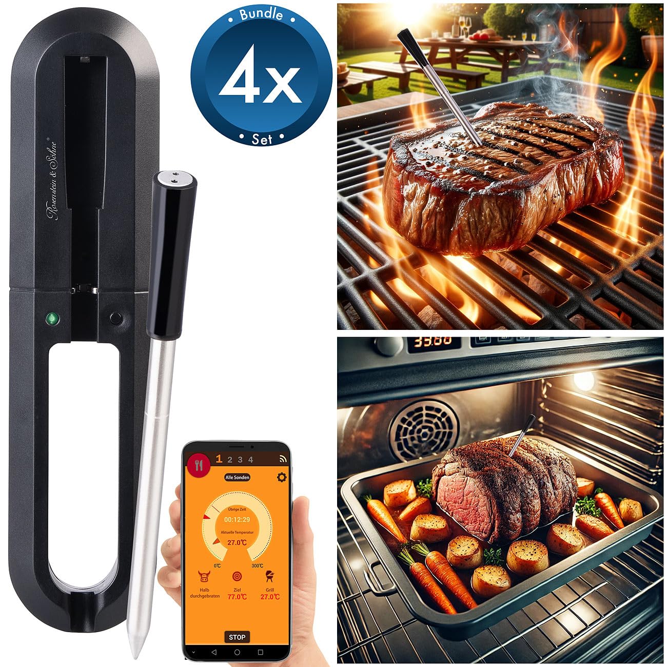 Rosenstein & Söhne Rindfleisch-Thermometer: 4er-Set Kabelloses Fleischthermometer für Grill oder Ofen, App (Bratenthermometer Backofen, Hähnchen-Thermometer, Grillspiesse)