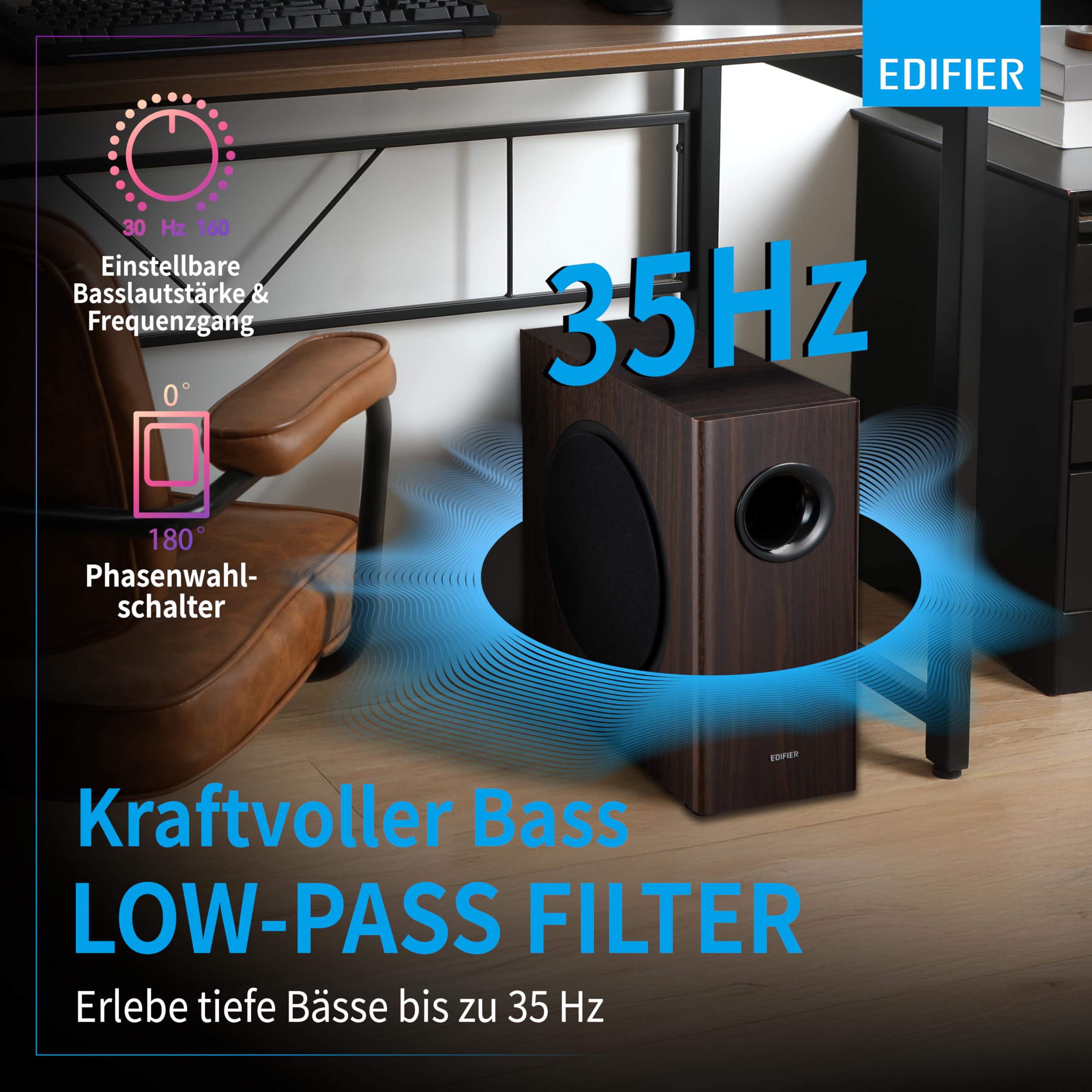 Edifier T5s AKTIV-SUBWOOFER – 8-Zoll-Tieftöner – 70 Watt – Low-Pass-Filter – Frequenz bis 35Hz – MDF-Gehäuse für reduzierte Resonanz – Standby – Cinch-Anschlüsse – Zeitloses Design