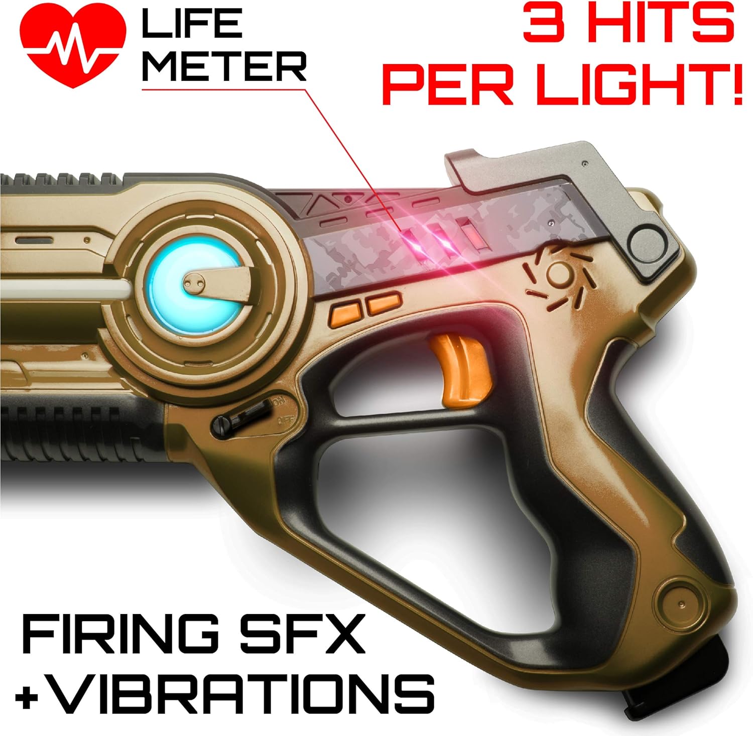 A laser tag gun in use, with a shield icon indicating 'SAFE INFRARED SENSORS'.