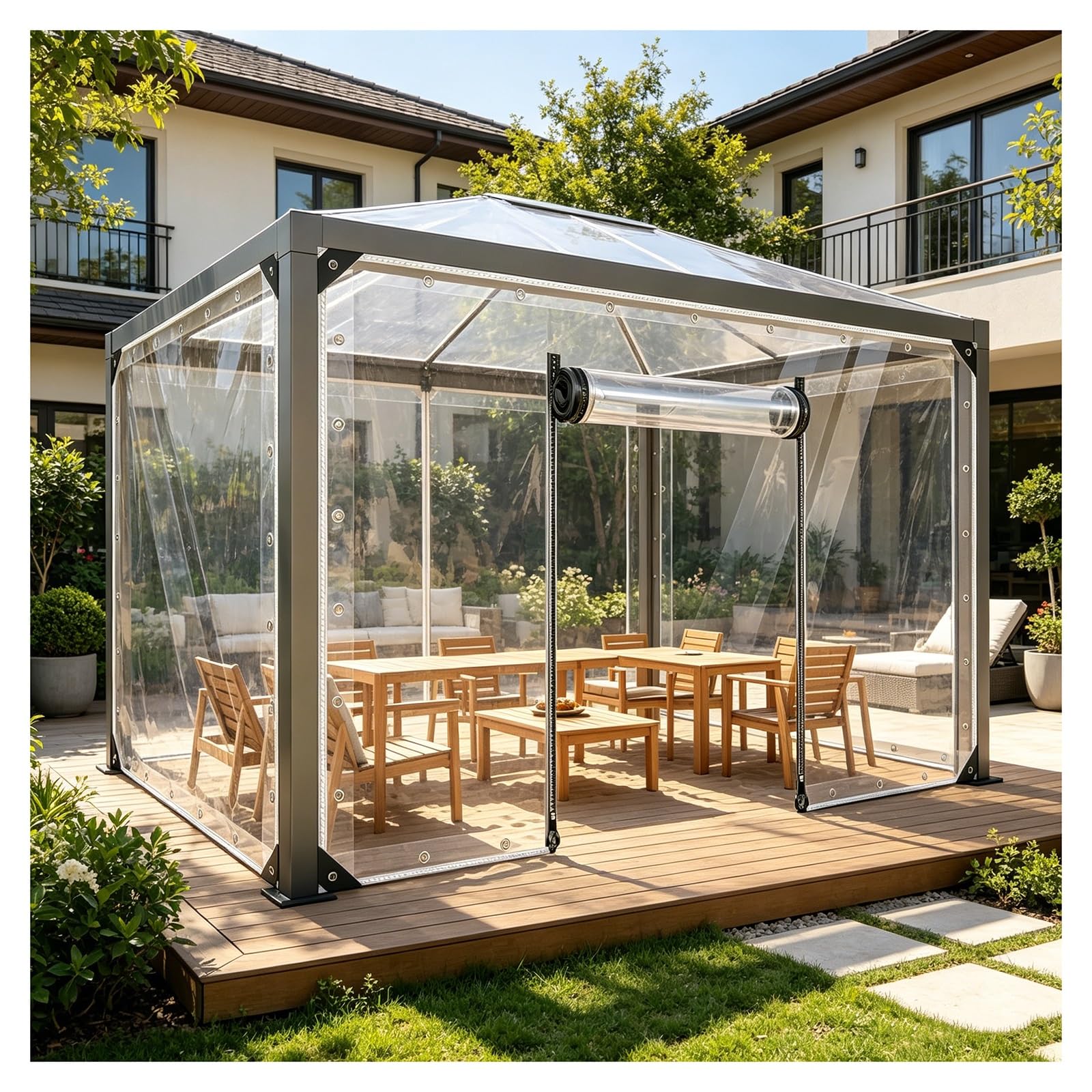 Waterproof Tarpaulin With Grommets,Outdoor Clear Tarp Curtains,weatherproof pvc tarpaulin with zipper,Transparent PVC Protective Tarpaulin,for Porch,Deck,Balcony,Pergola(H1.6xW4.5m/H5.2xW14.7ft)